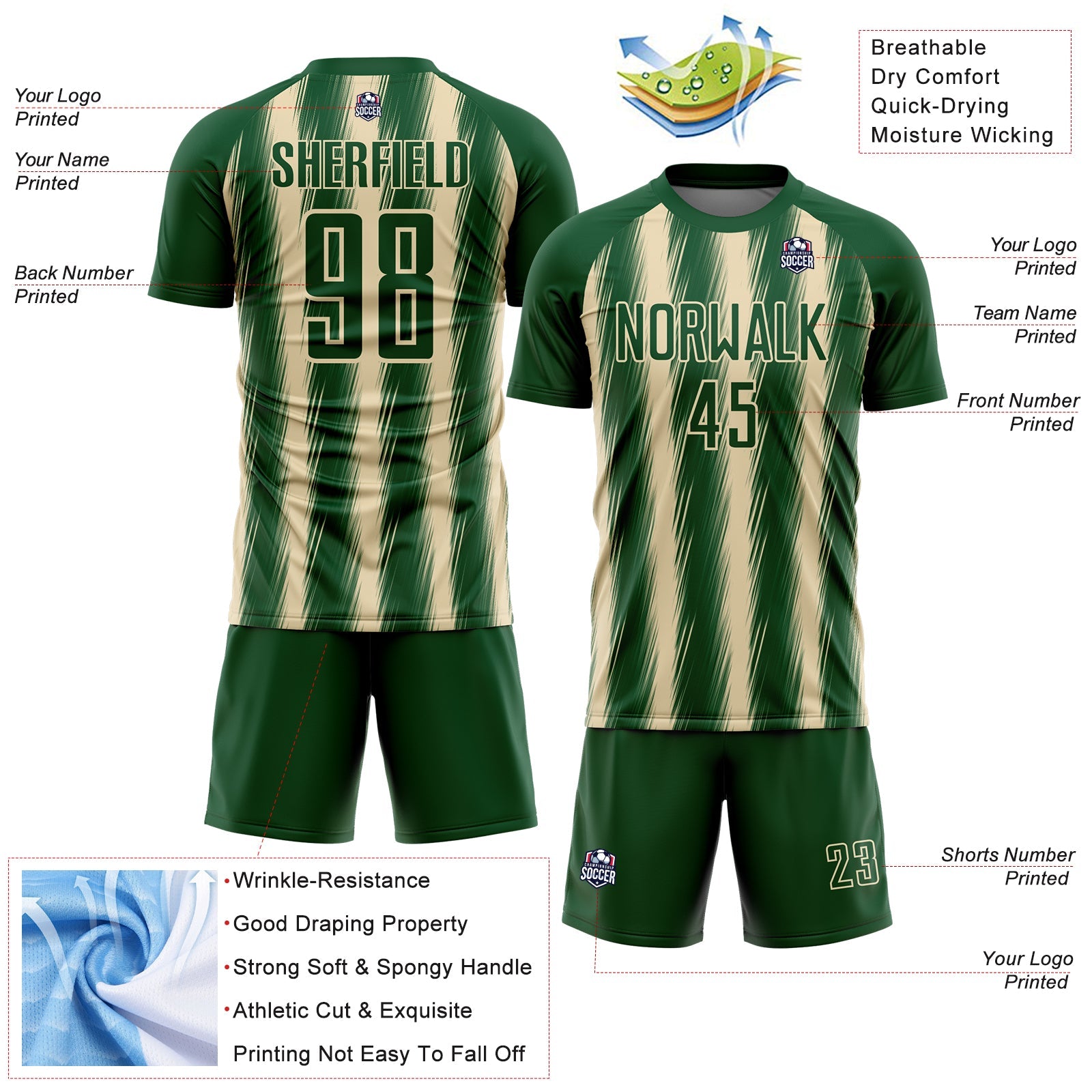 Custom Green Cream Vertical Brush Stroke Stripes Sublimation Soccer Uniform Jersey view 4