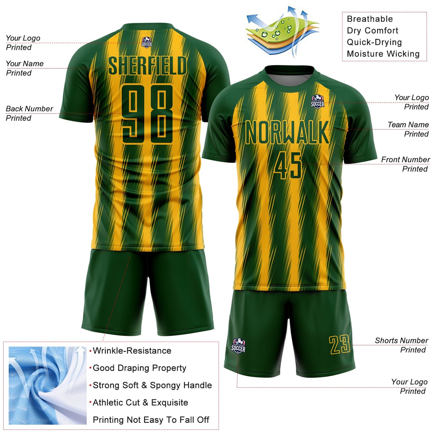 Custom Green Gold Vertical Brush Stroke Stripes Sublimation Soccer Uniform Jersey view 4