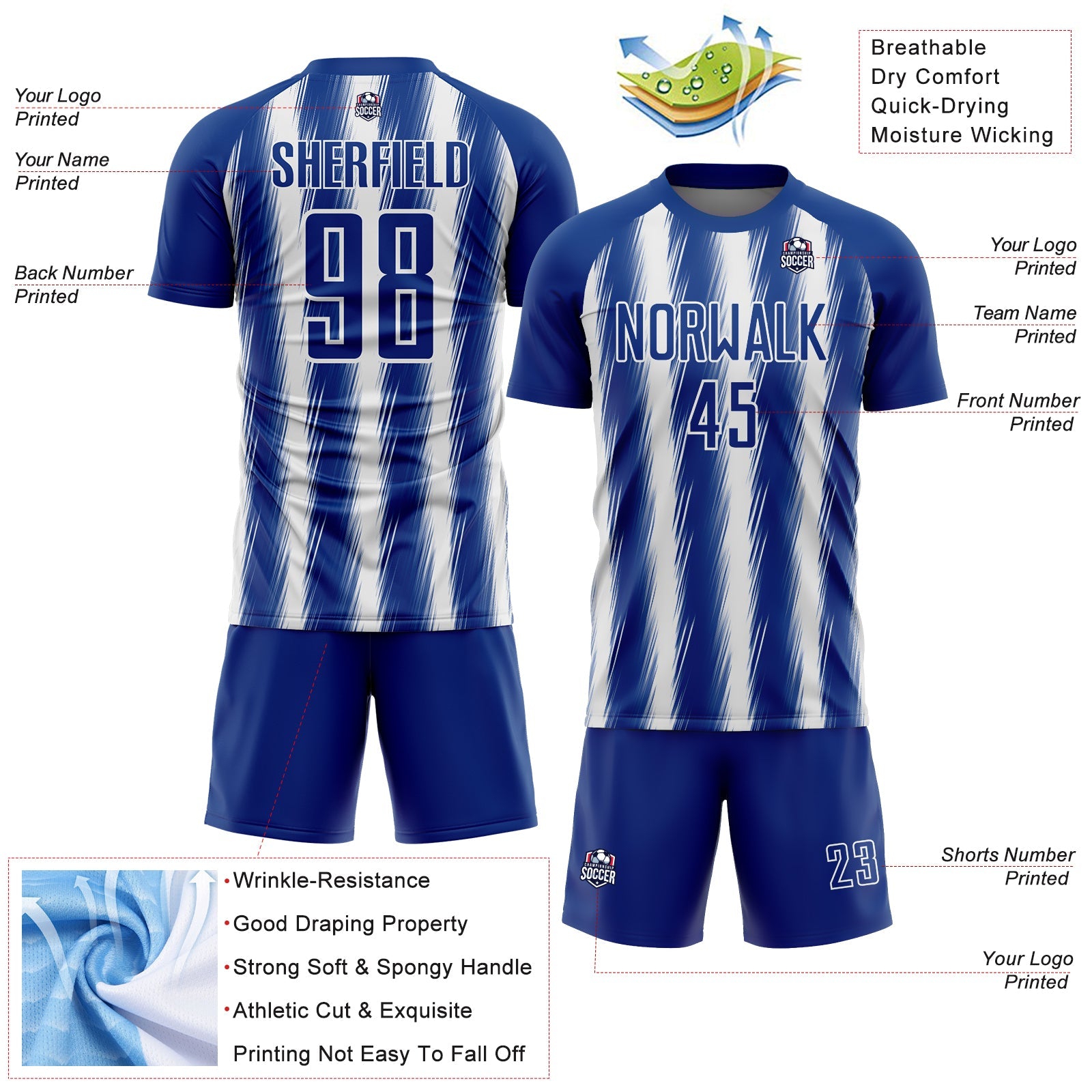 Custom Royal White Vertical Brush Stroke Stripes Sublimation Soccer Uniform Jersey view 4