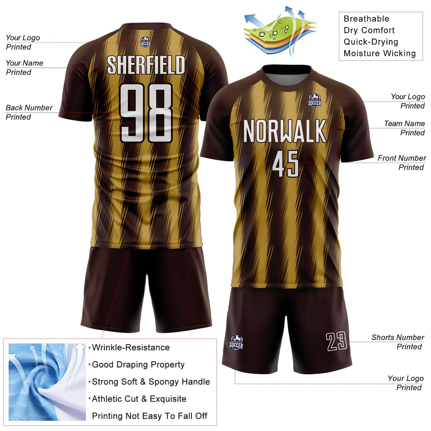 Custom Brown White-Old Gold Vertical Brush Stroke Stripes Sublimation Soccer Uniform Jersey view 4