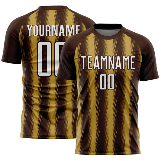 Custom Brown White-Old Gold Vertical Brush Stroke Stripes Sublimation Soccer Uniform Jersey - Main View