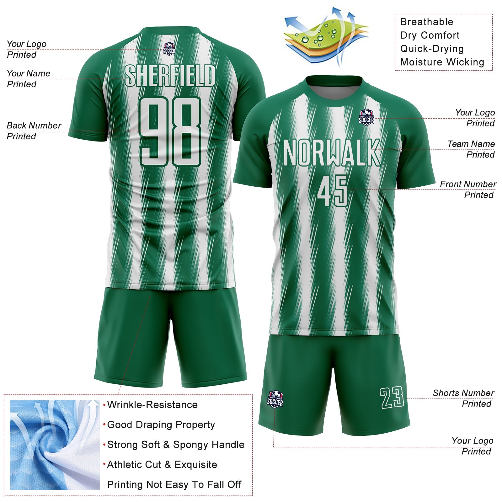 Custom Kelly Green White Vertical Brush Stroke Stripes Sublimation Soccer Uniform Jersey view 4