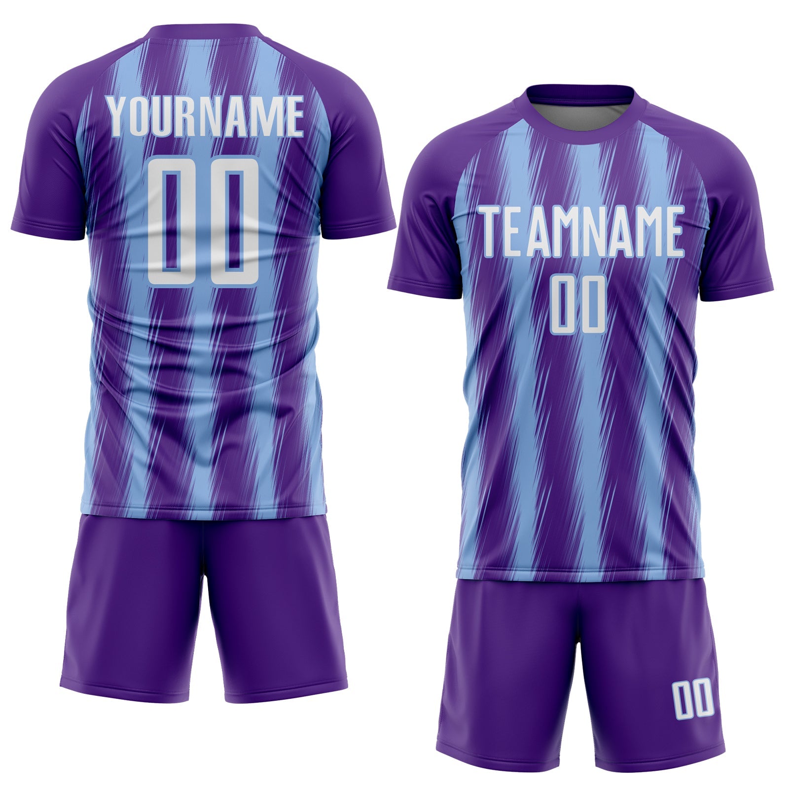 Custom Purple White-Light Blue Vertical Brush Stroke Stripes Sublimation Soccer Uniform Jersey view 2