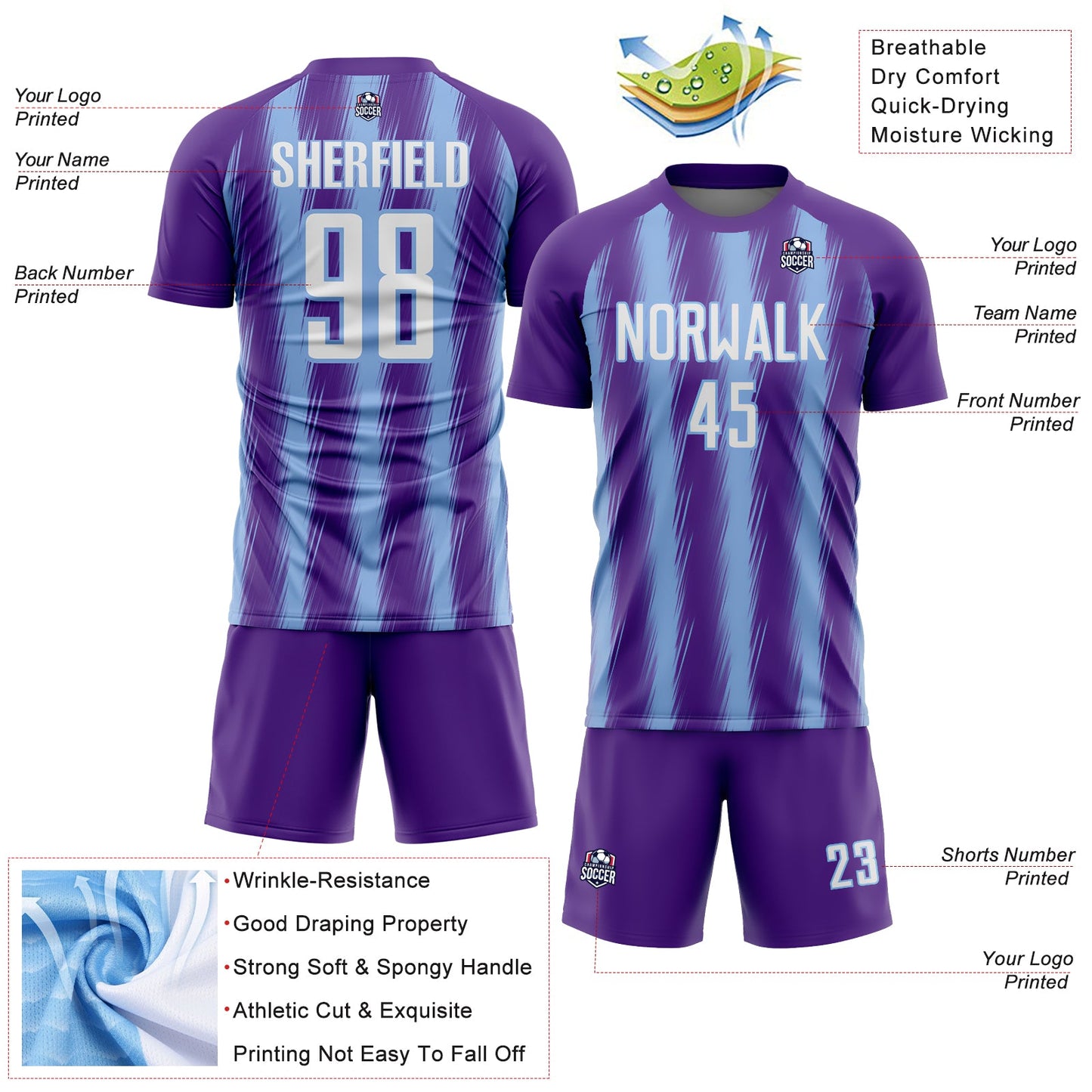 Custom Purple White-Light Blue Vertical Brush Stroke Stripes Sublimation Soccer Uniform Jersey view 4