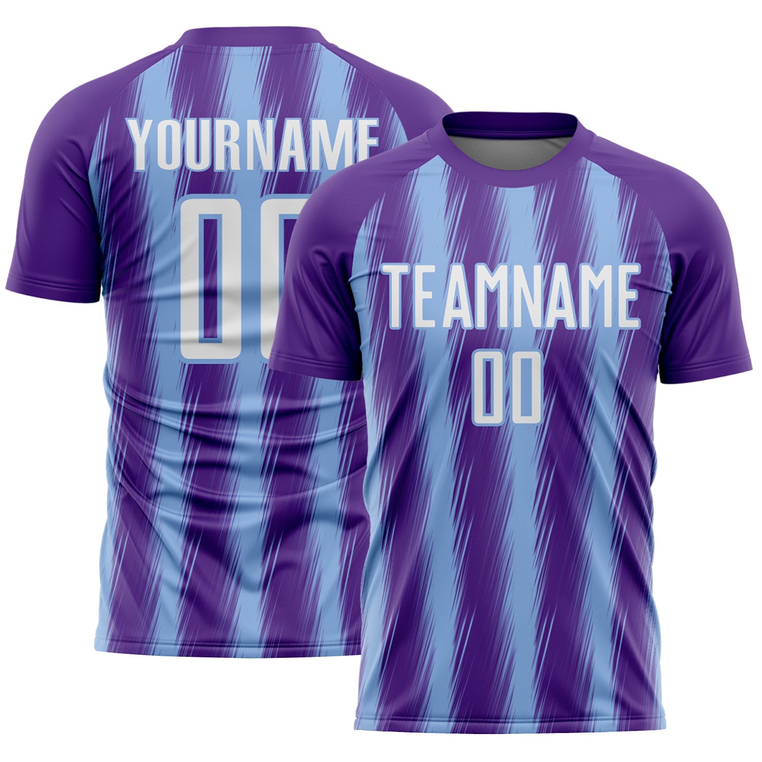 Custom Purple White-Light Blue Vertical Brush Stroke Stripes Sublimation Soccer Uniform Jersey - Main View
