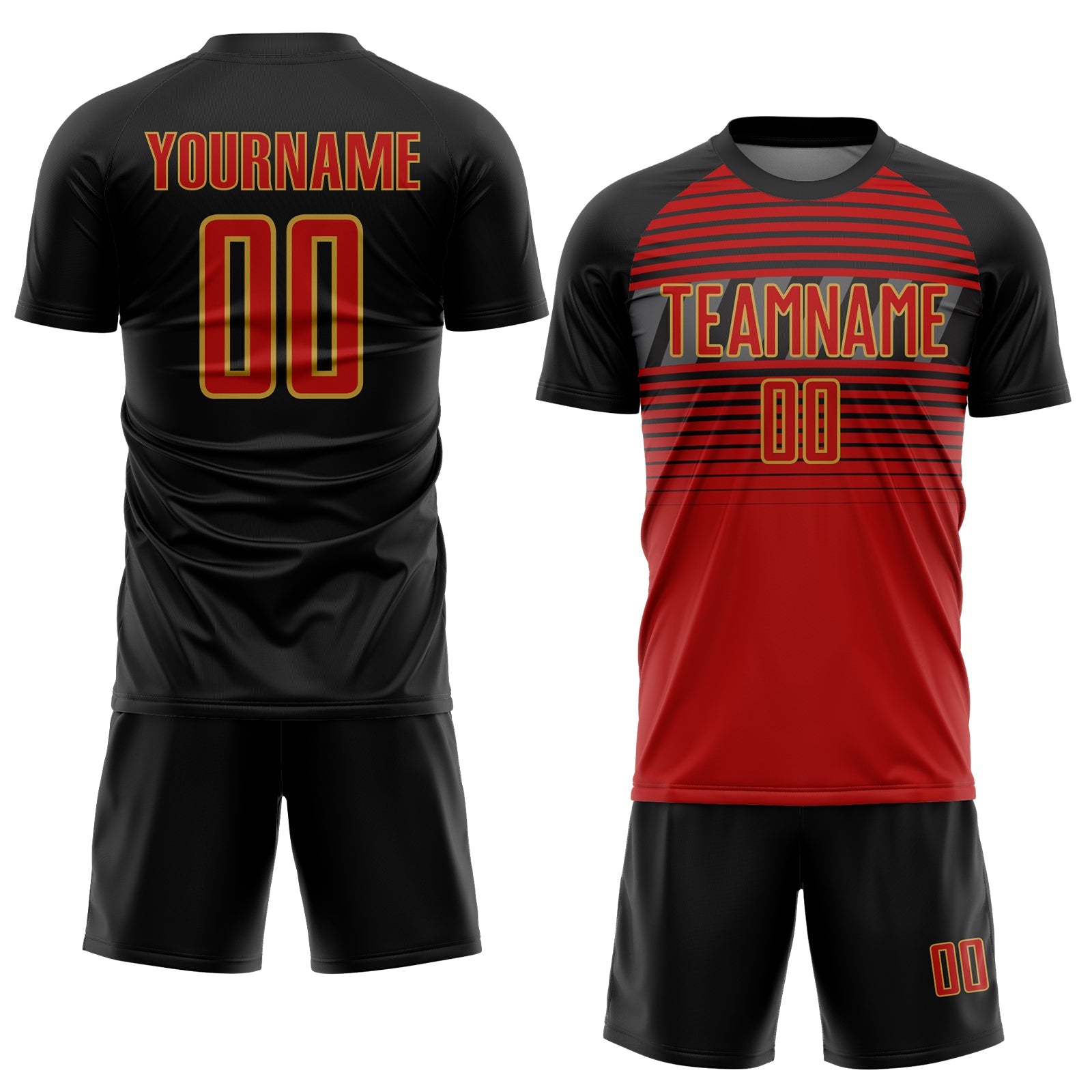 Custom Black Red Old Gold-Steel Gray Gradient Horizontal Stripes Sublimation Soccer Uniform Jersey view 2