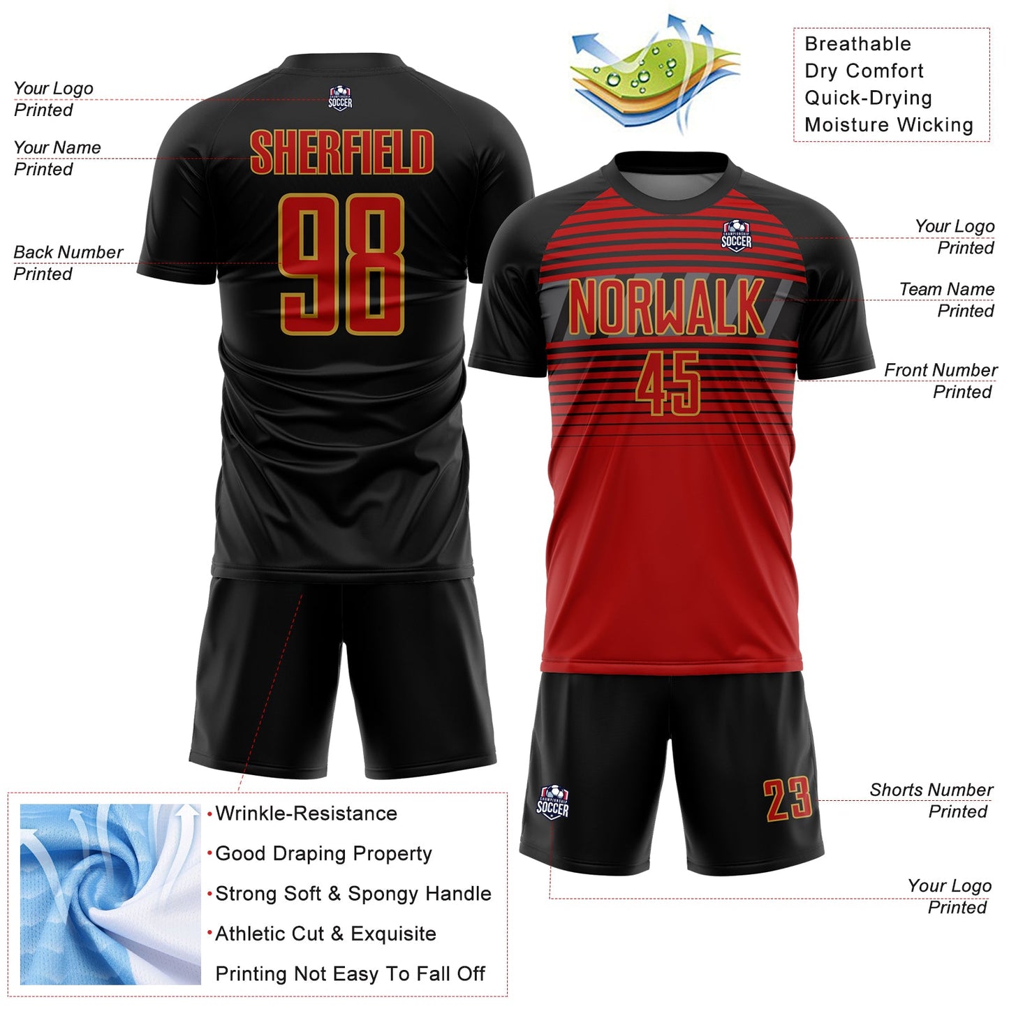 Custom Black Red Old Gold-Steel Gray Gradient Horizontal Stripes Sublimation Soccer Uniform Jersey view 4