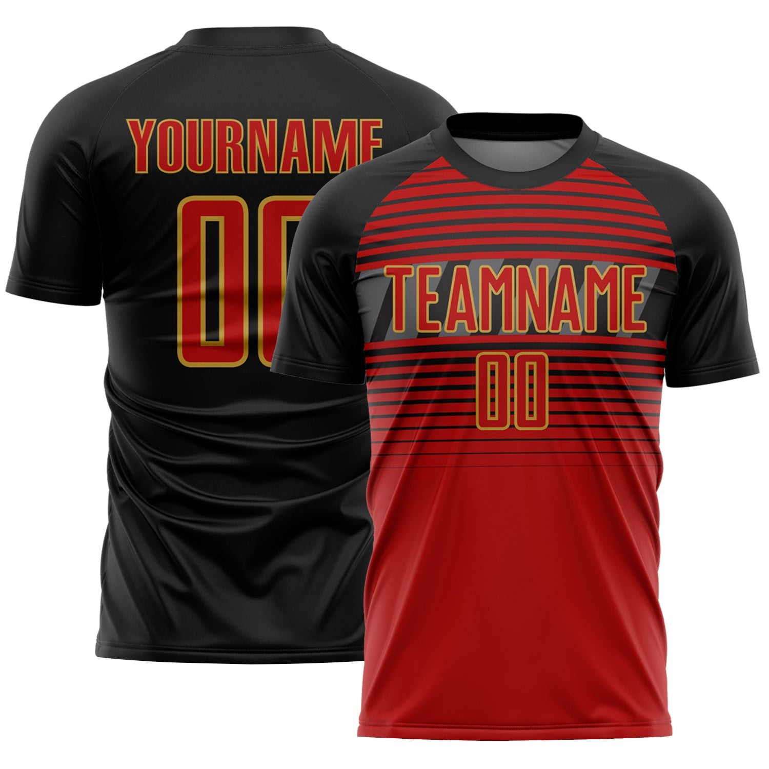Custom Black Red Old Gold-Steel Gray Gradient Horizontal Stripes Sublimation Soccer Uniform Jersey - Main View