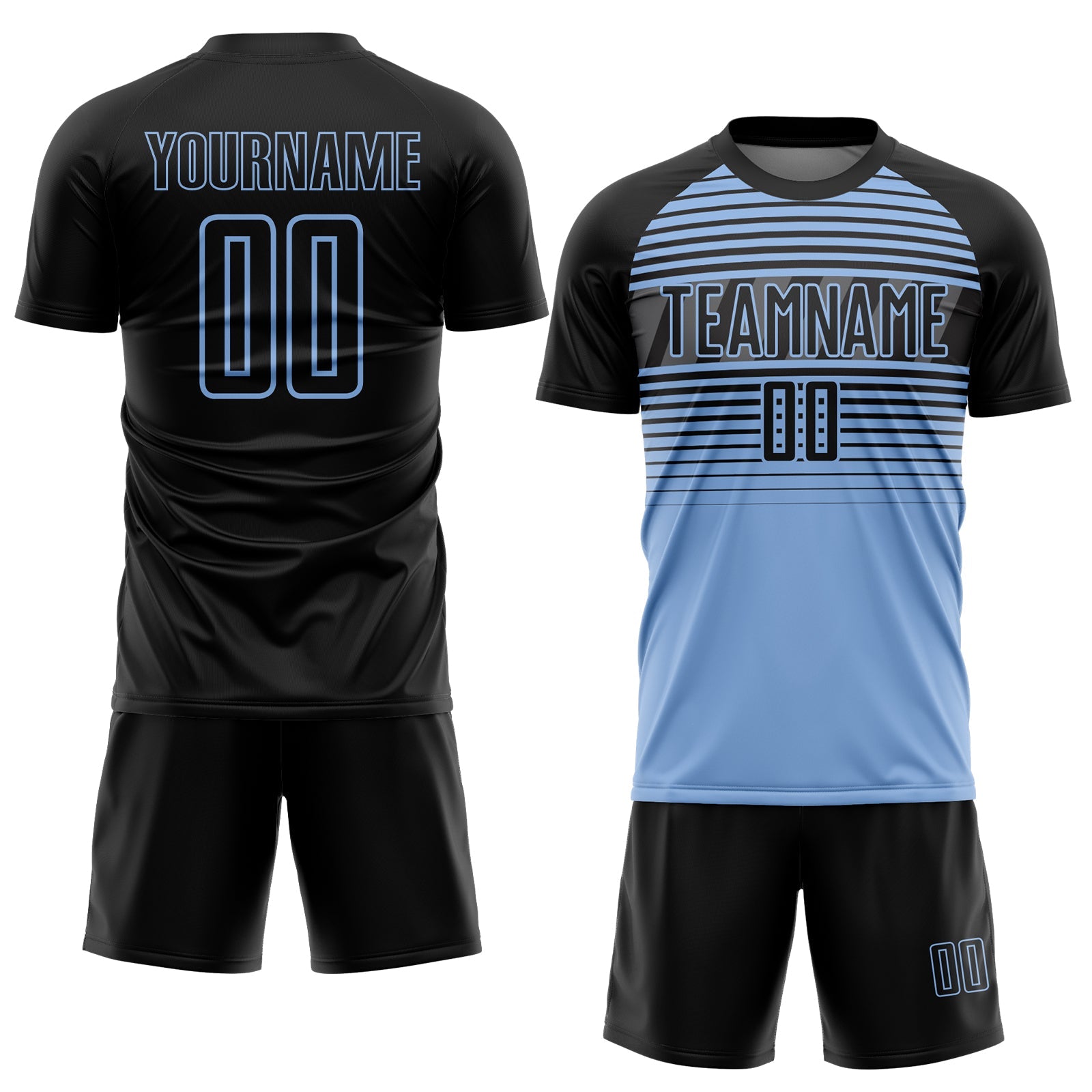 Custom Black Light Blue-Steel Gray Gradient Horizontal Stripes Sublimation Soccer Uniform Jersey view 2
