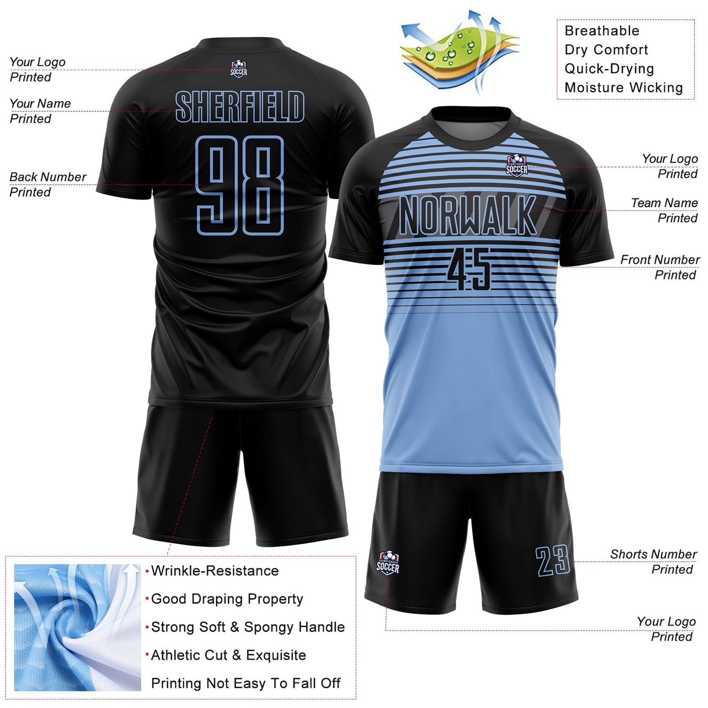 Custom Black Light Blue-Steel Gray Gradient Horizontal Stripes Sublimation Soccer Uniform Jersey view 4