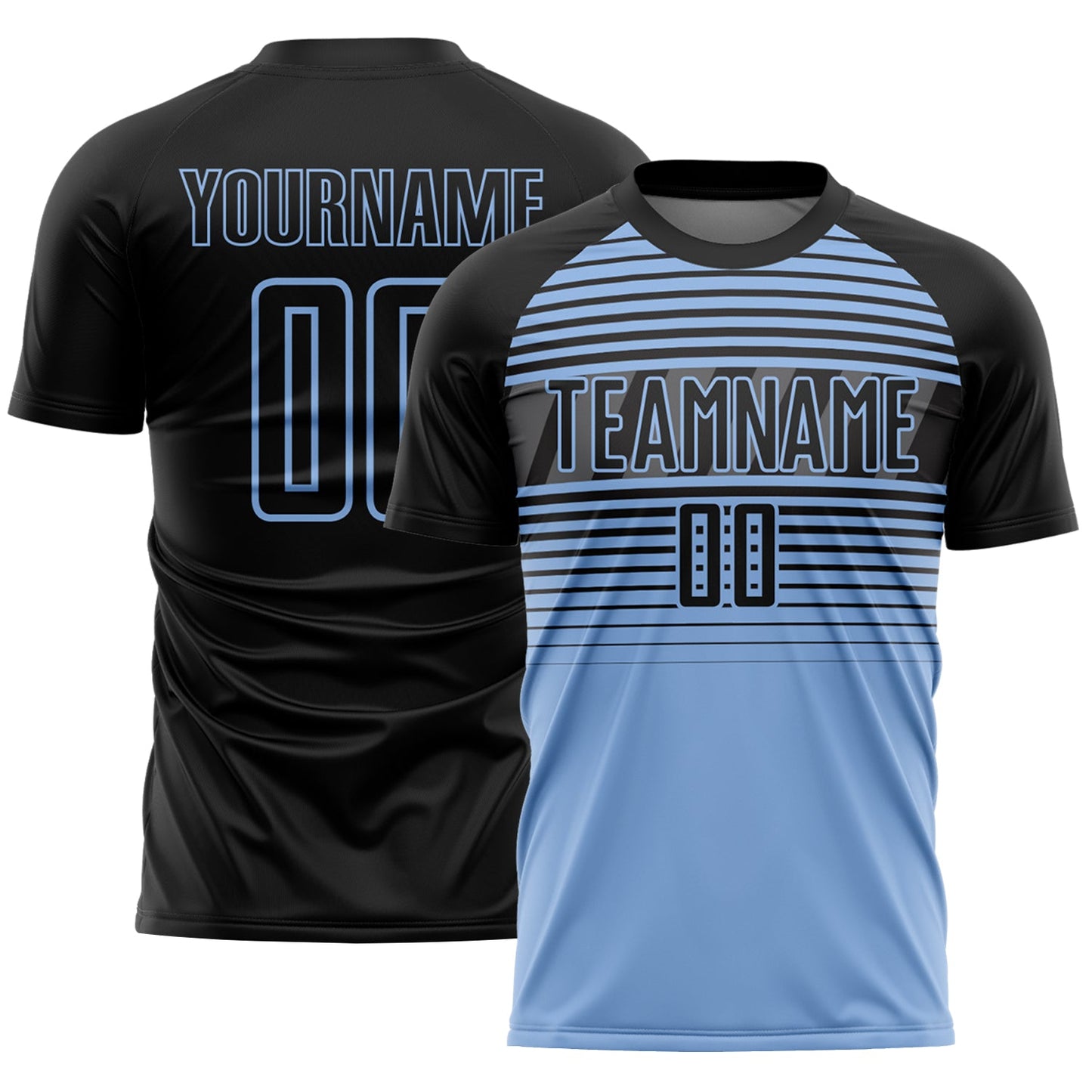 Custom Black Light Blue-Steel Gray Gradient Horizontal Stripes Sublimation Soccer Uniform Jersey - Main View