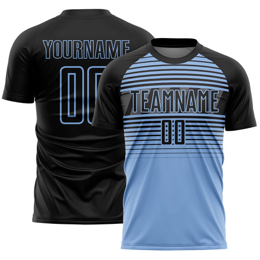 Custom Black Light Blue-Steel Gray Gradient Horizontal Stripes Sublimation Soccer Uniform Jersey - Main View