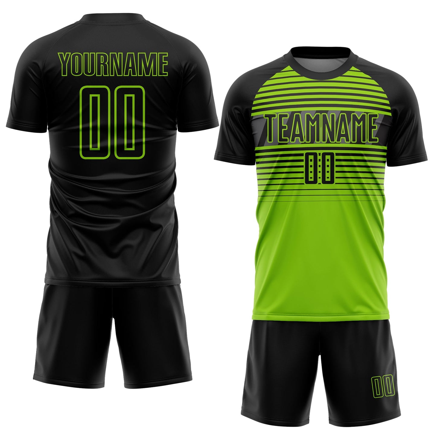 Custom Black Neon Green-Steel Gray Gradient Horizontal Stripes Sublimation Soccer Uniform Jersey view 2