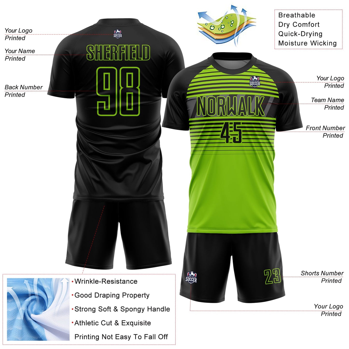 Custom Black Neon Green-Steel Gray Gradient Horizontal Stripes Sublimation Soccer Uniform Jersey view 4