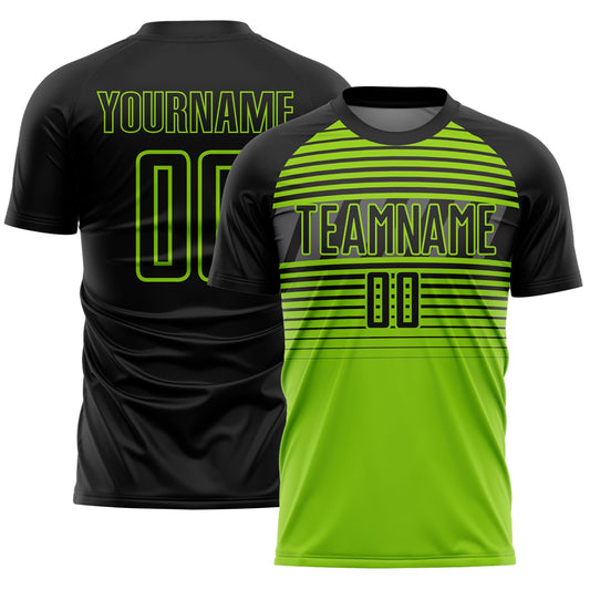 Custom Black Neon Green-Steel Gray Gradient Horizontal Stripes Sublimation Soccer Uniform Jersey - Main View