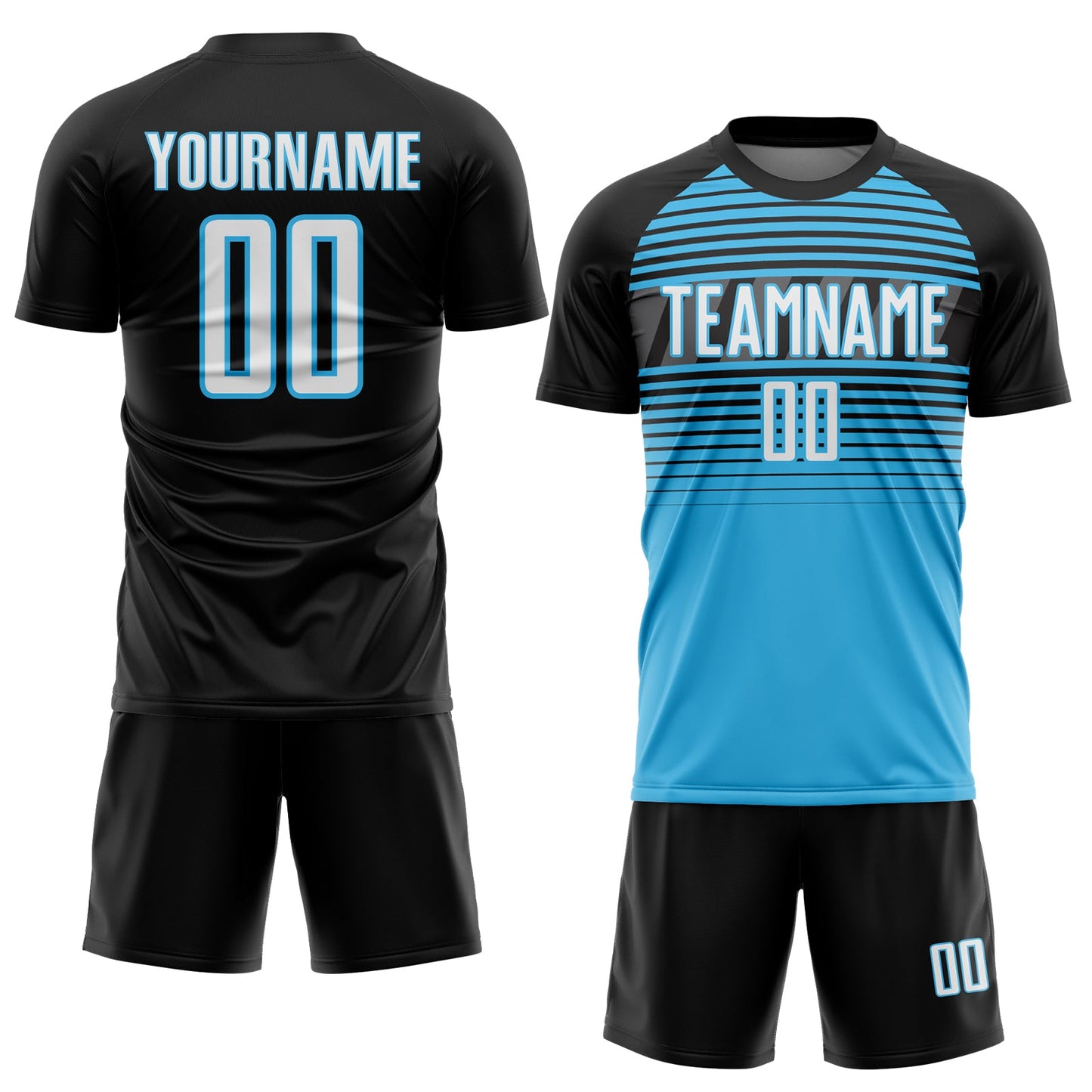 Custom Black White Sky Blue-Steel Gray Gradient Horizontal Stripes Sublimation Soccer Uniform Jersey view 2