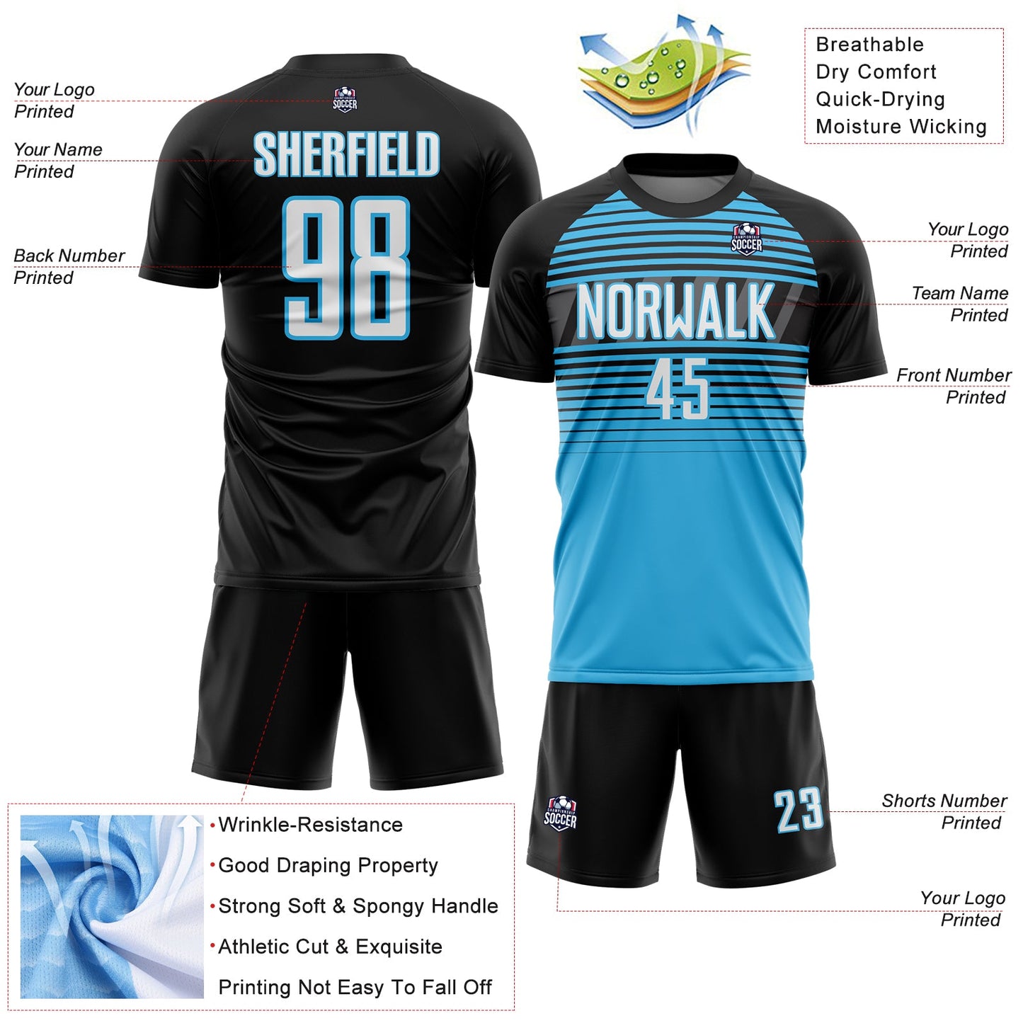 Custom Black White Sky Blue-Steel Gray Gradient Horizontal Stripes Sublimation Soccer Uniform Jersey view 4