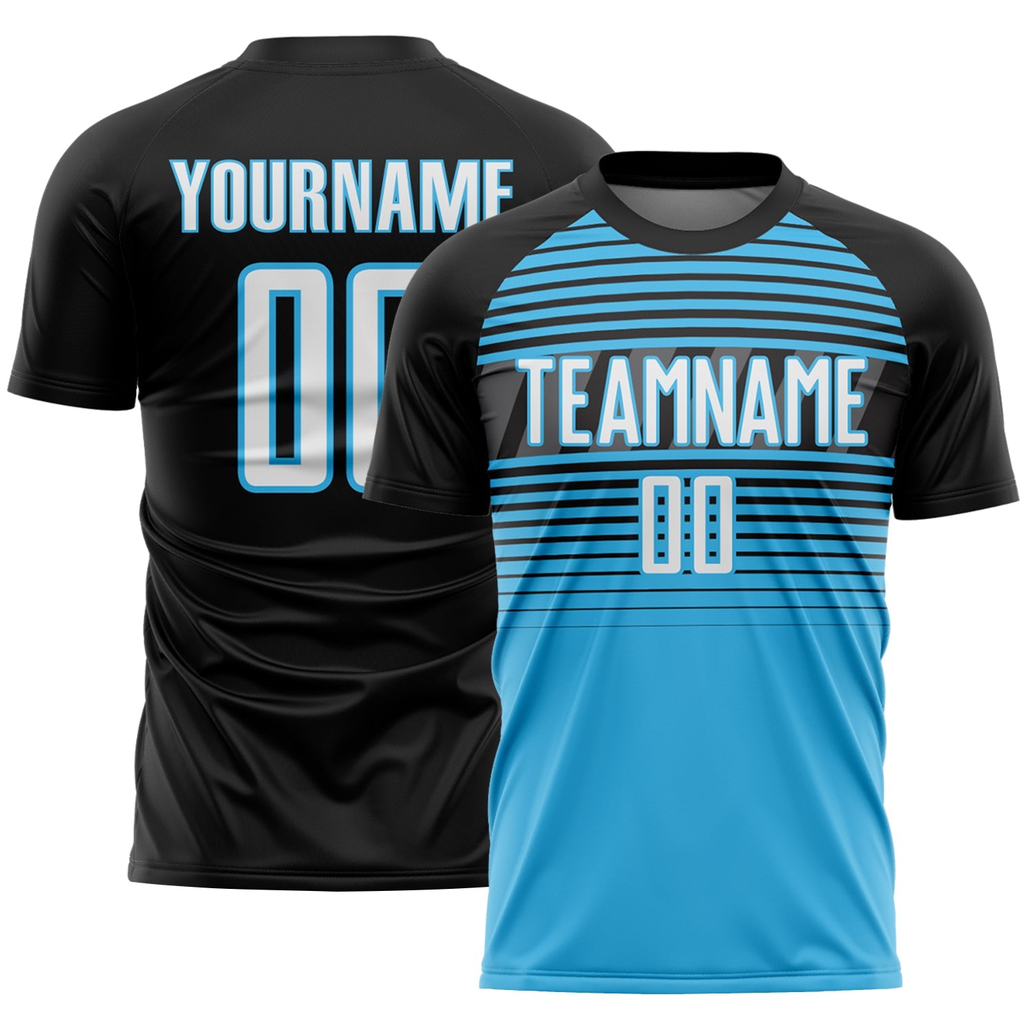 Custom Black White Sky Blue-Steel Gray Gradient Horizontal Stripes Sublimation Soccer Uniform Jersey - Main View