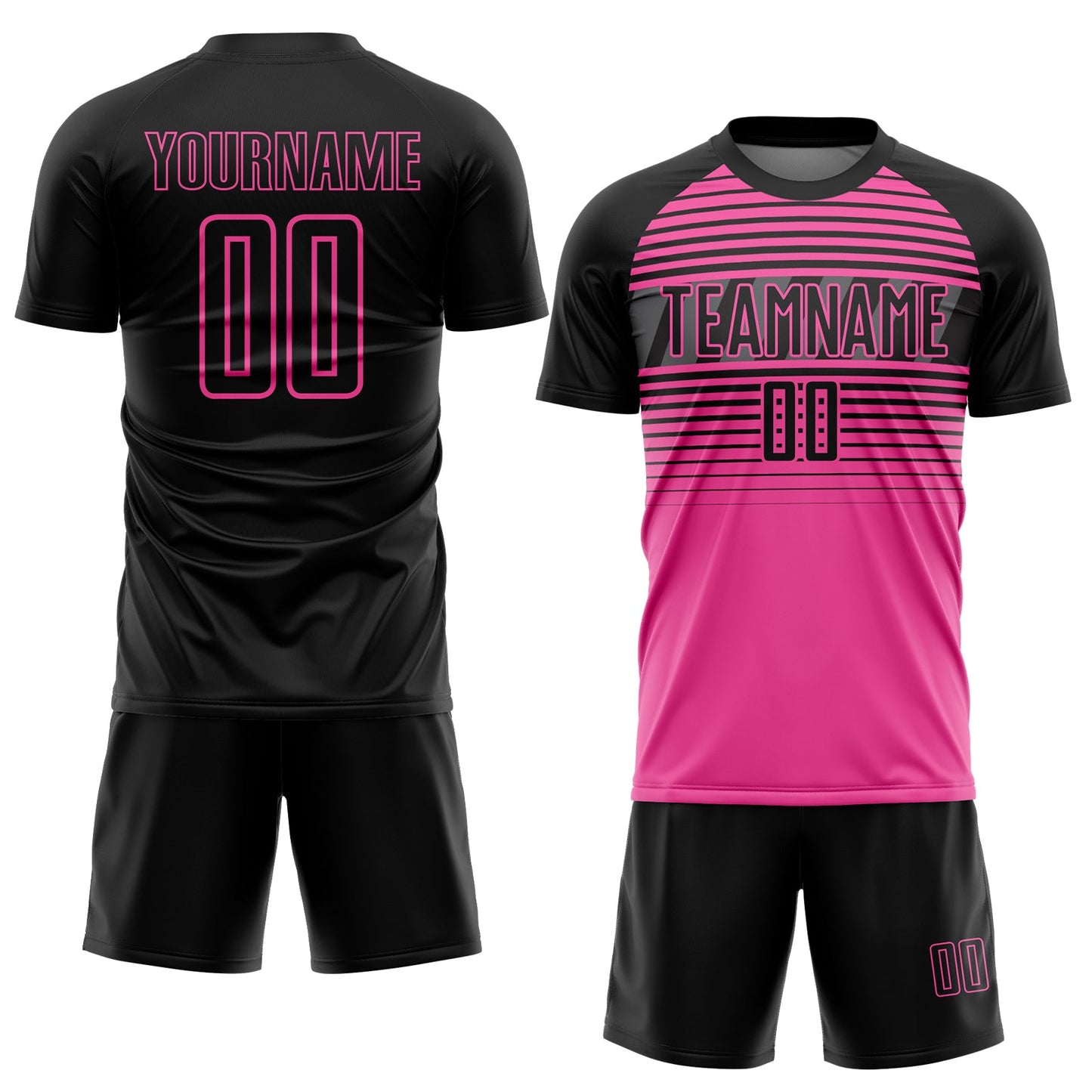 Custom Black Pink-Steel Gray Gradient Horizontal Stripes Sublimation Soccer Uniform Jersey view 2