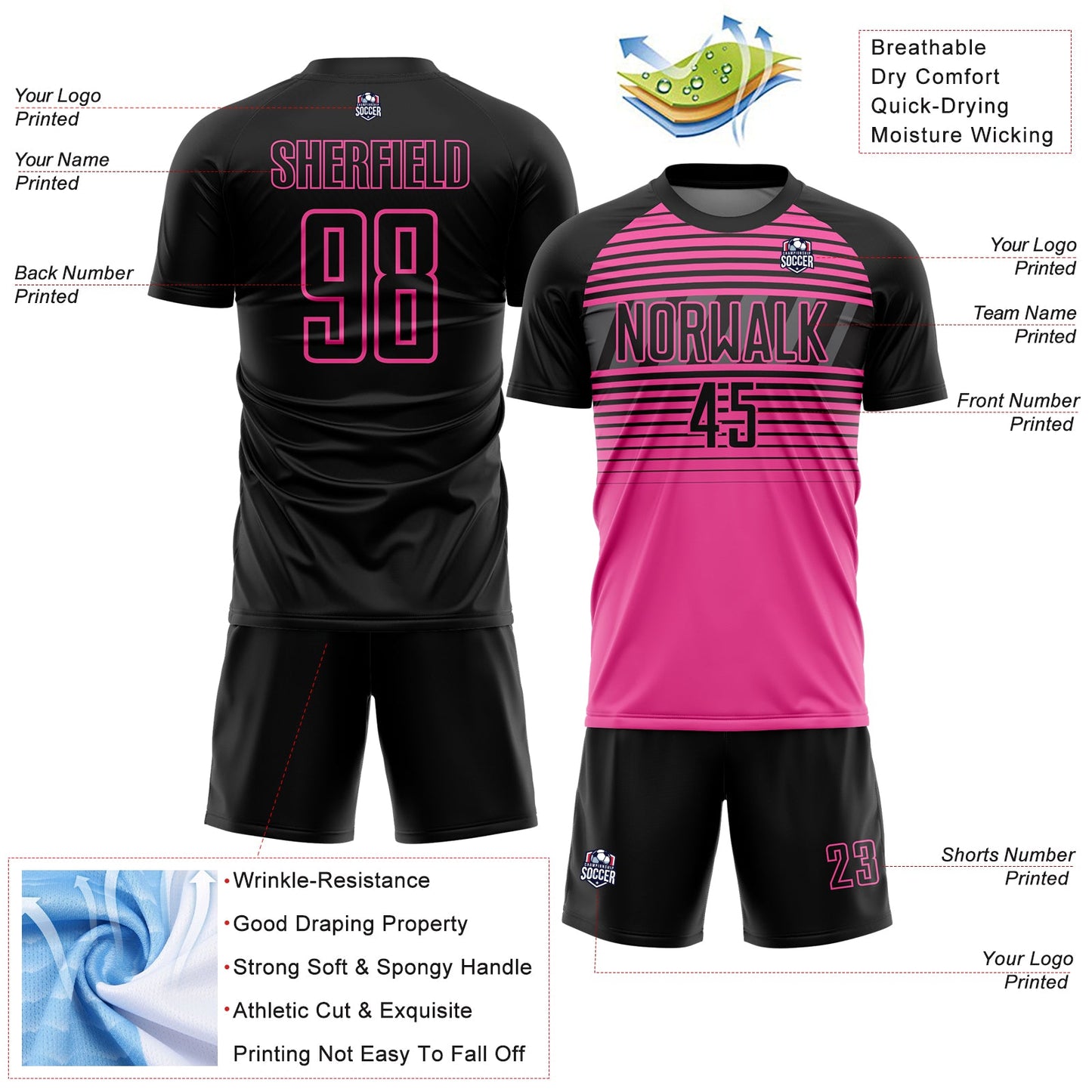 Custom Black Pink-Steel Gray Gradient Horizontal Stripes Sublimation Soccer Uniform Jersey view 4