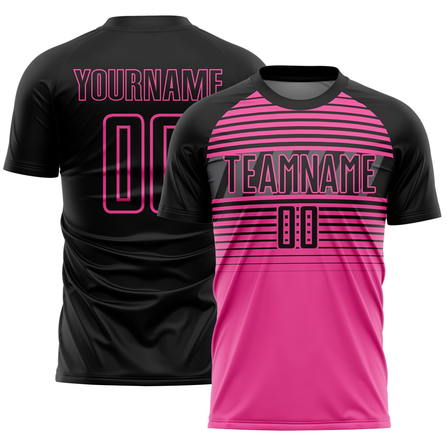 Custom Black Pink-Steel Gray Gradient Horizontal Stripes Sublimation Soccer Uniform Jersey - Main View