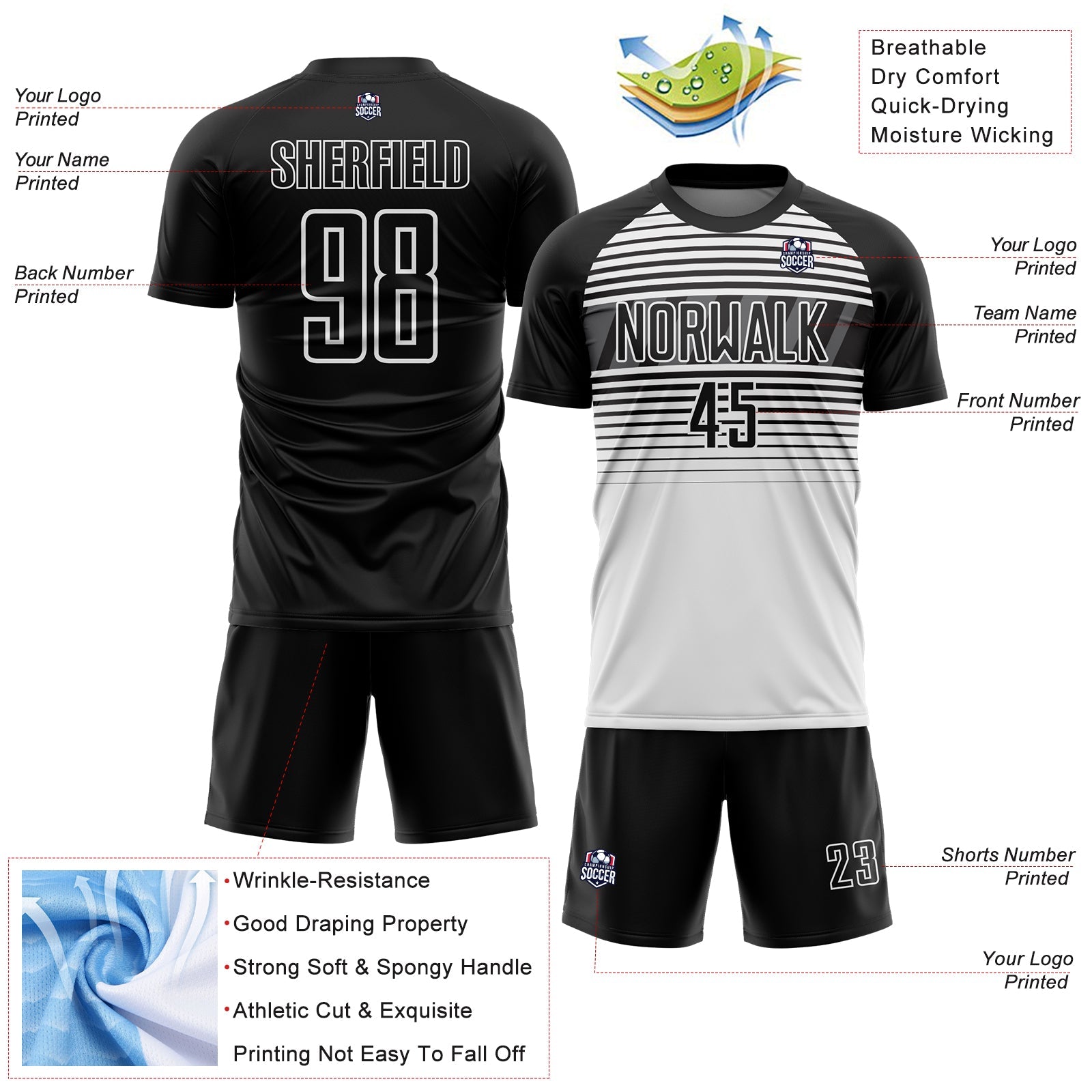 Custom Black White-Steel Gray Gradient Horizontal Stripes Sublimation Soccer Uniform Jersey view 4