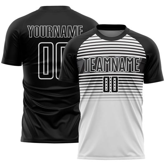 Custom Black White-Steel Gray Gradient Horizontal Stripes Sublimation Soccer Uniform Jersey - Main View