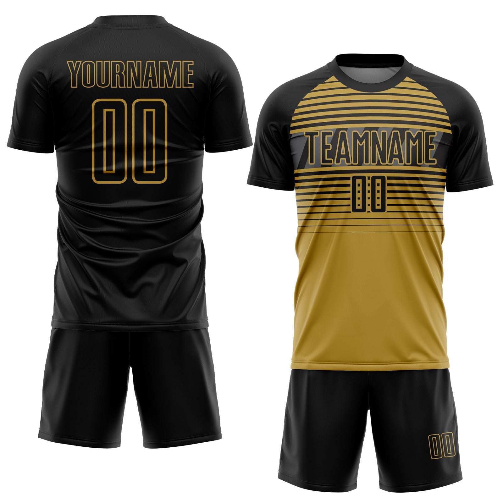 Custom Black Old Gold-Steel Gray Gradient Horizontal Stripes Sublimation Soccer Uniform Jersey view 2