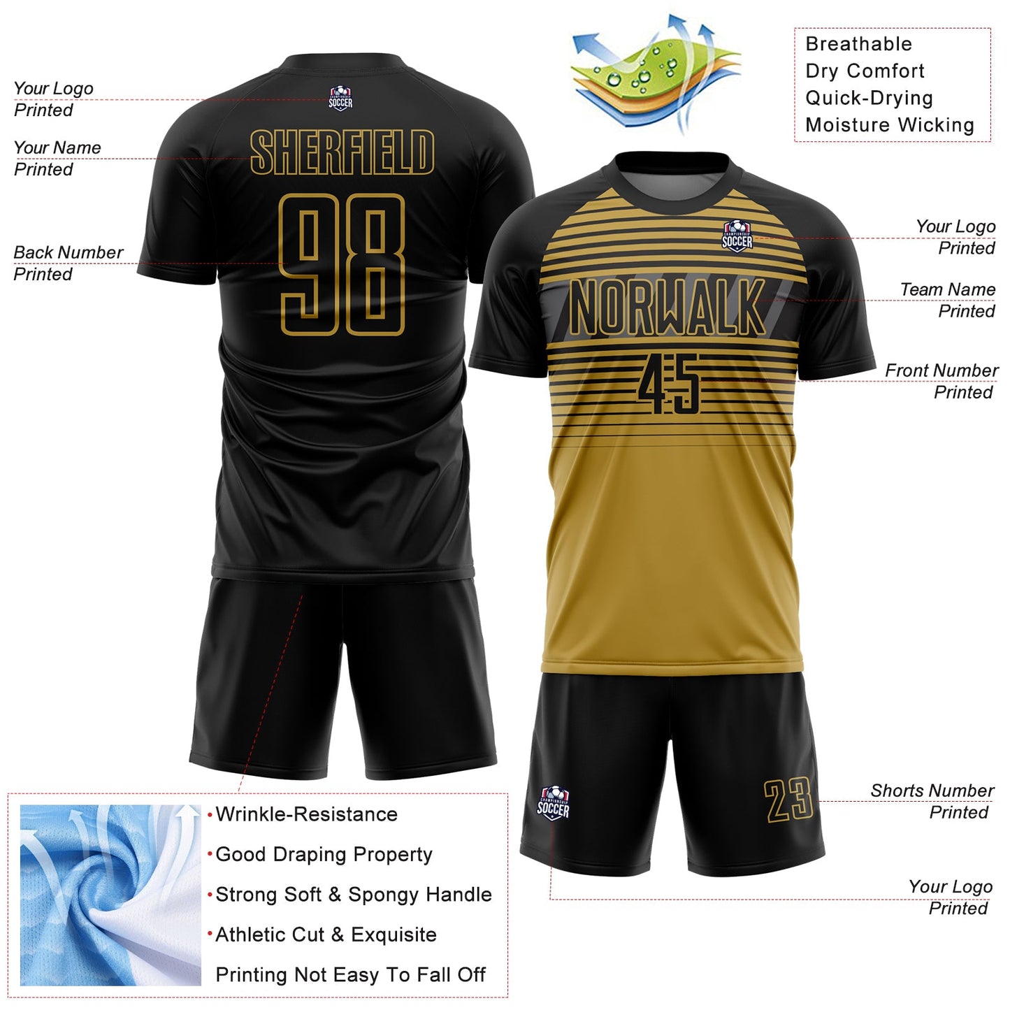 Custom Black Old Gold-Steel Gray Gradient Horizontal Stripes Sublimation Soccer Uniform Jersey view 4