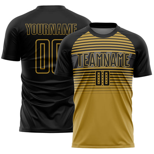 Custom Black Old Gold-Steel Gray Gradient Horizontal Stripes Sublimation Soccer Uniform Jersey - Main View