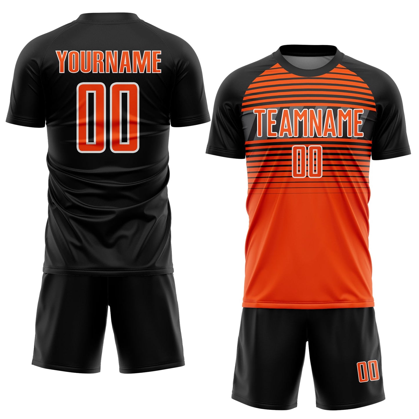 Custom Black Orange Steel Gray-White Gradient Horizontal Stripes Sublimation Soccer Uniform Jersey view 2