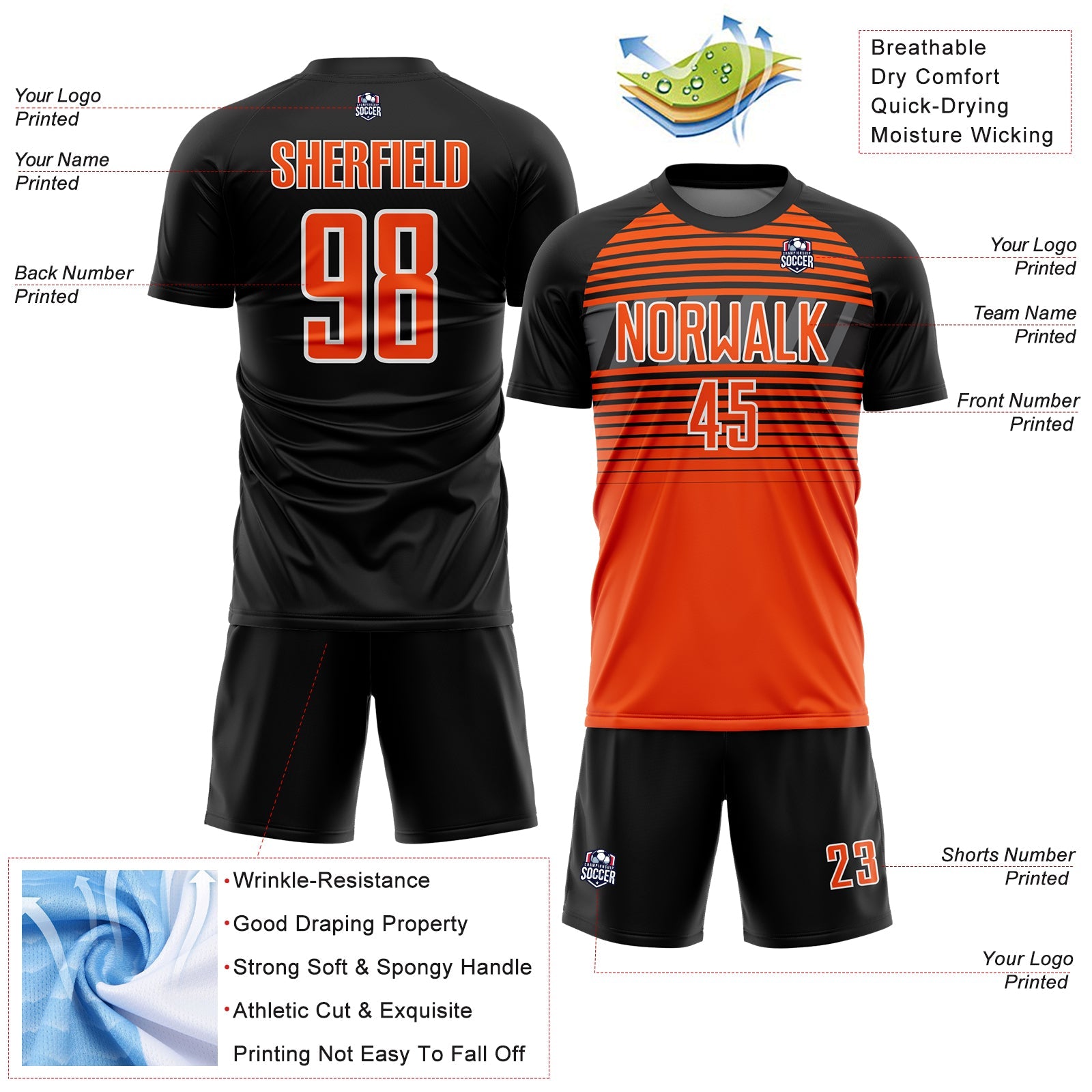 Custom Black Orange Steel Gray-White Gradient Horizontal Stripes Sublimation Soccer Uniform Jersey view 4
