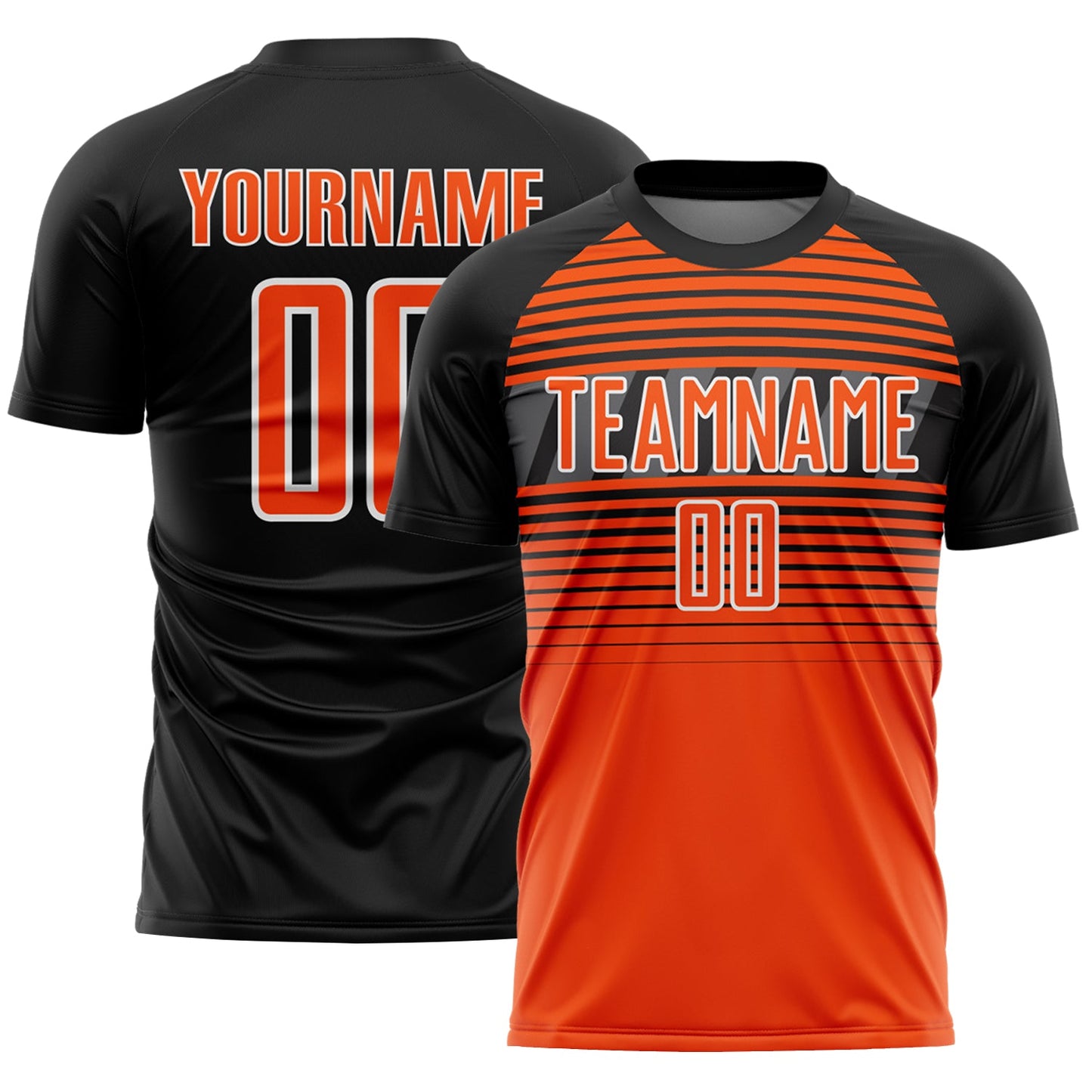 Custom Black Orange Steel Gray-White Gradient Horizontal Stripes Sublimation Soccer Uniform Jersey - Main View