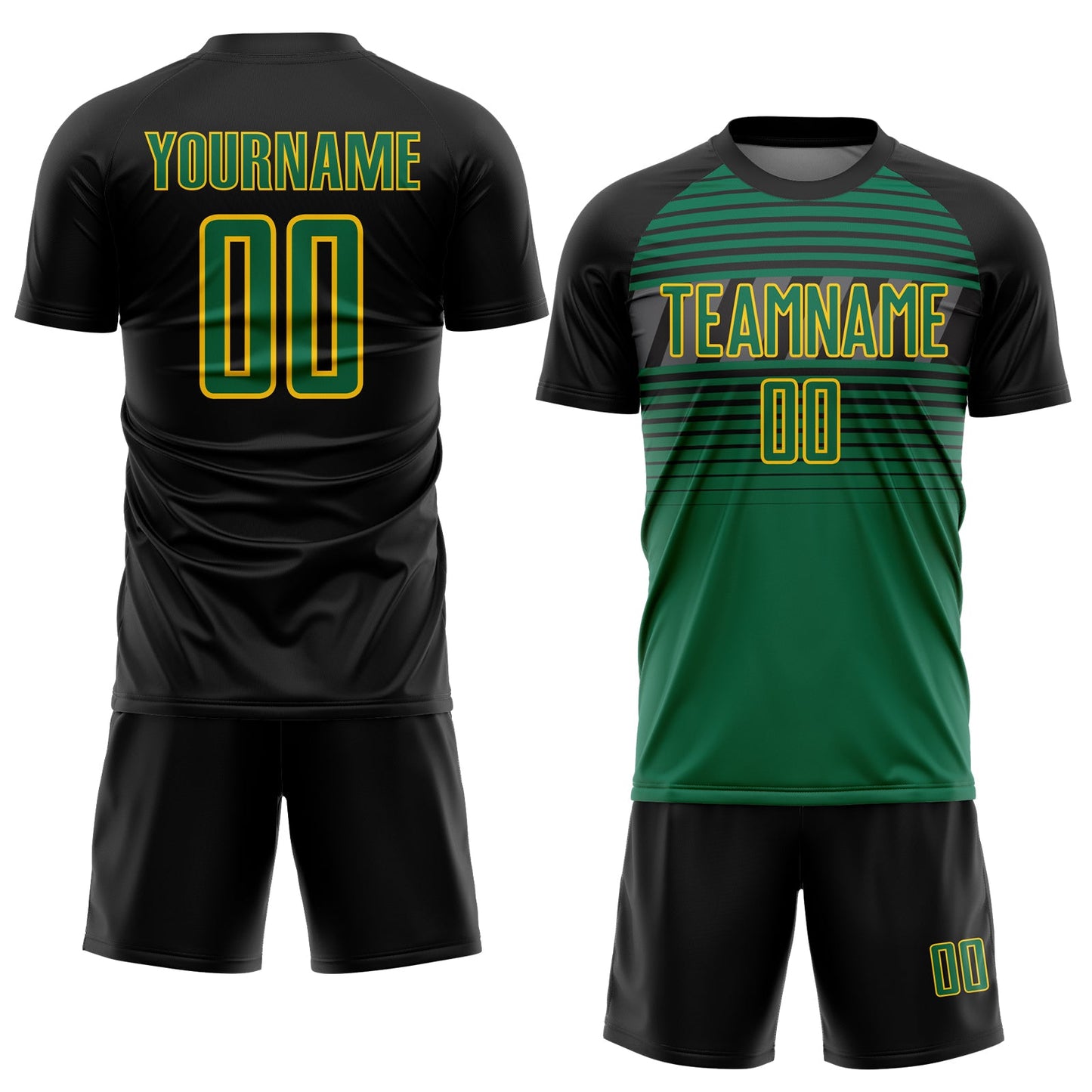 Custom Black Kelly Green Gold-Steel Gray Gradient Horizontal Stripes Sublimation Soccer Uniform Jersey view 2