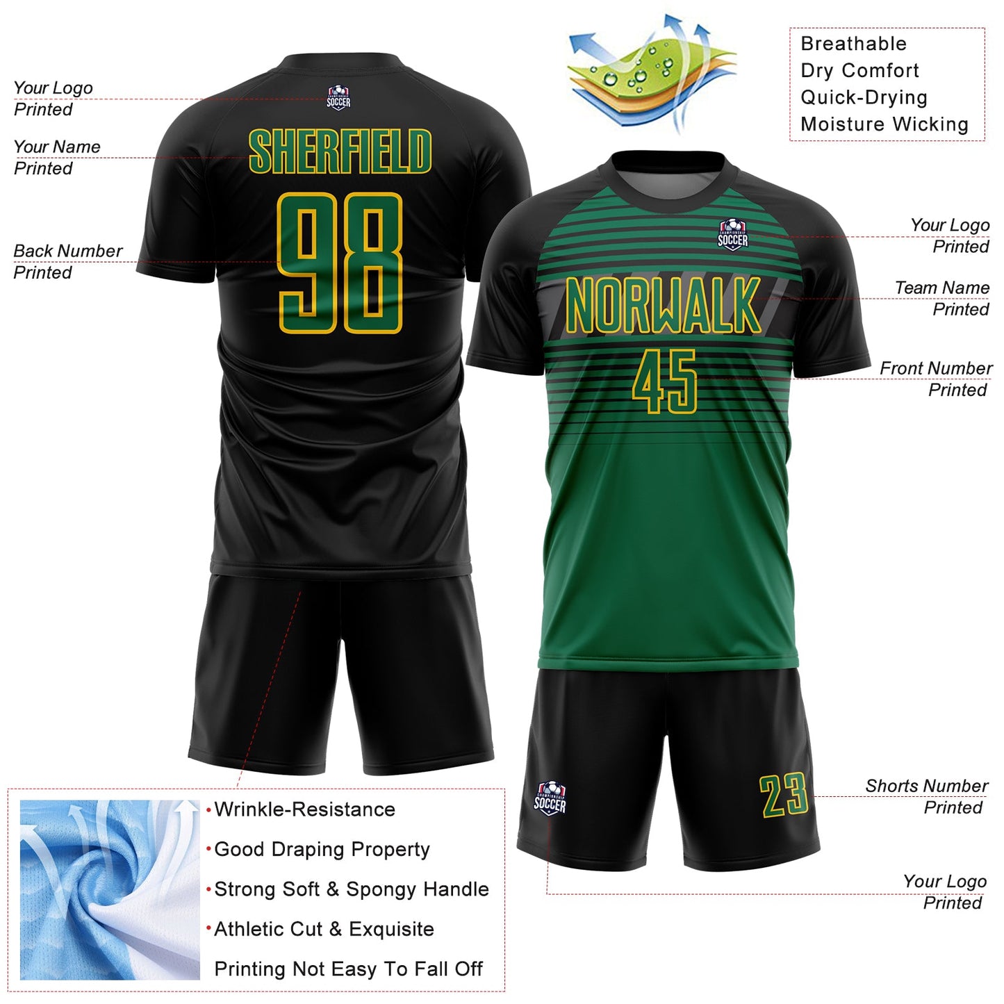 Custom Black Kelly Green Gold-Steel Gray Gradient Horizontal Stripes Sublimation Soccer Uniform Jersey view 4