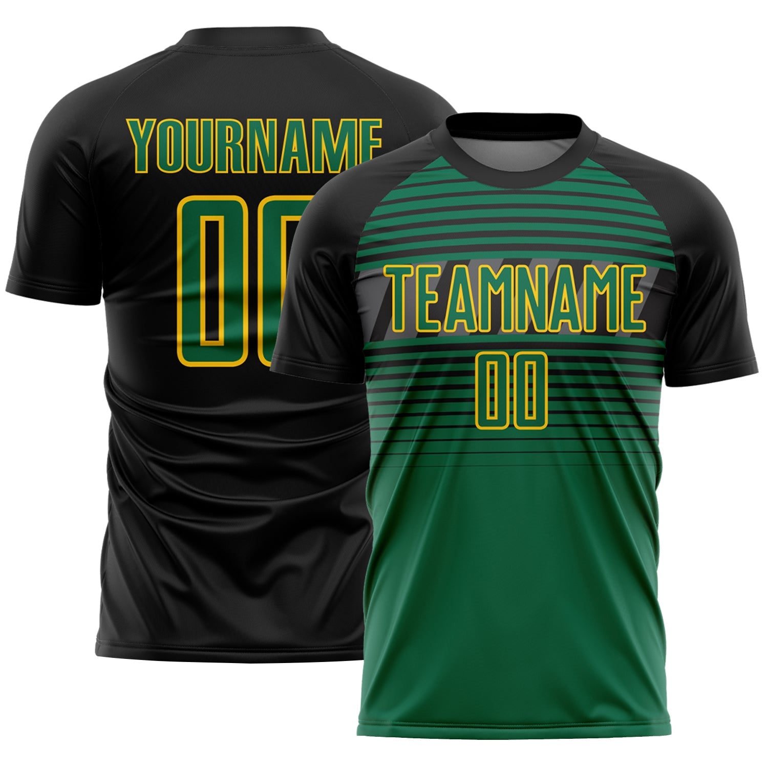 Custom Black Kelly Green Gold-Steel Gray Gradient Horizontal Stripes Sublimation Soccer Uniform Jersey - Main View