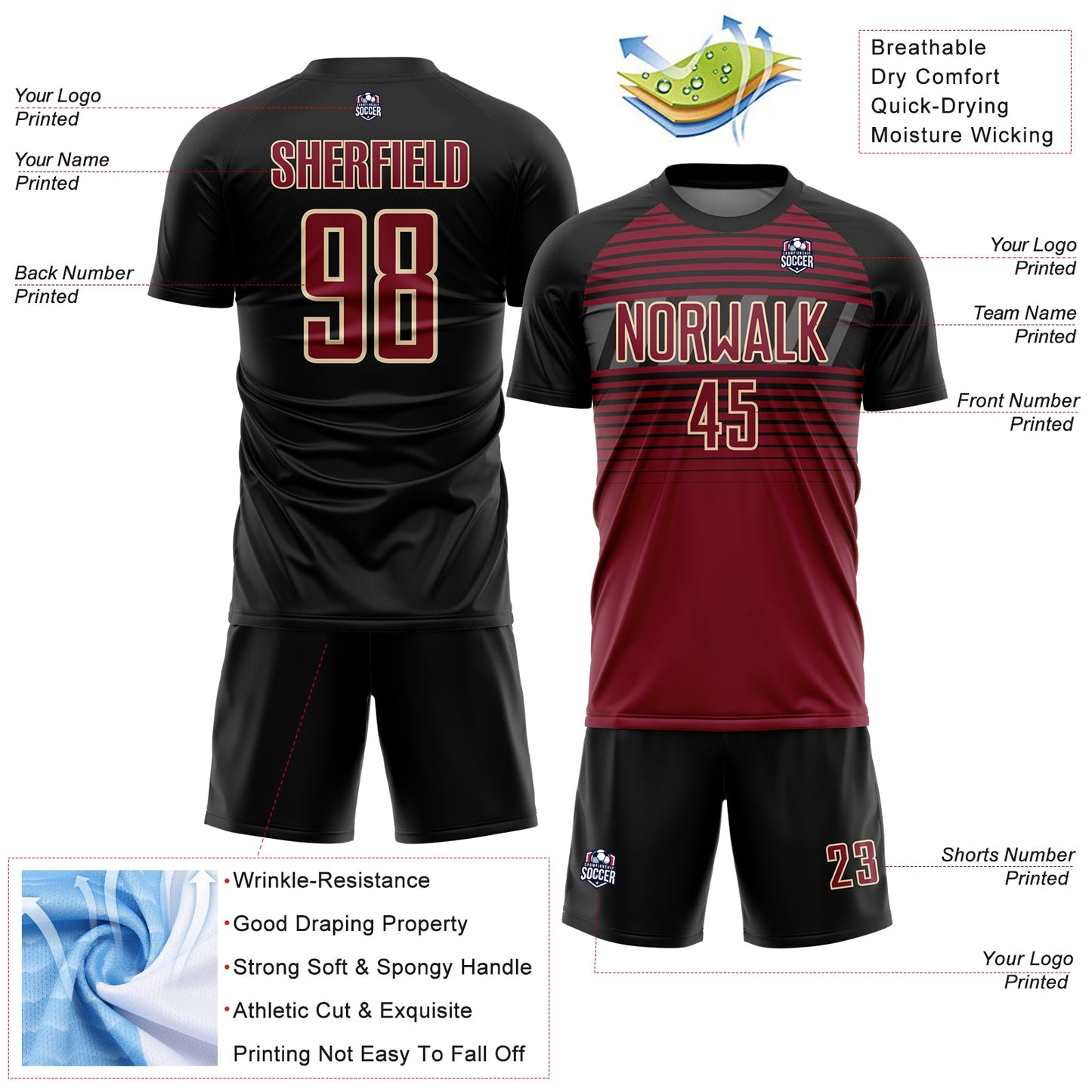 Custom Black Crimson Cream-Steel Gray Gradient Horizontal Stripes Sublimation Soccer Uniform Jersey view 4