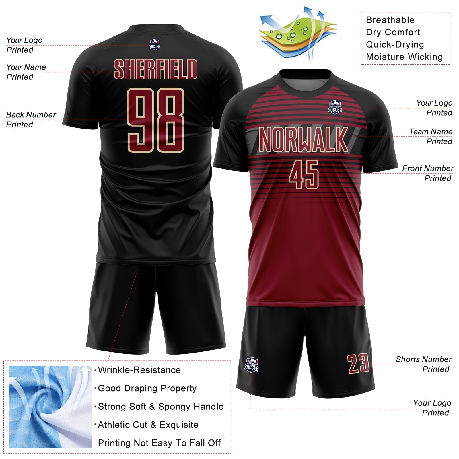 Custom Black Crimson Cream-Steel Gray Gradient Horizontal Stripes Sublimation Soccer Uniform Jersey view 4