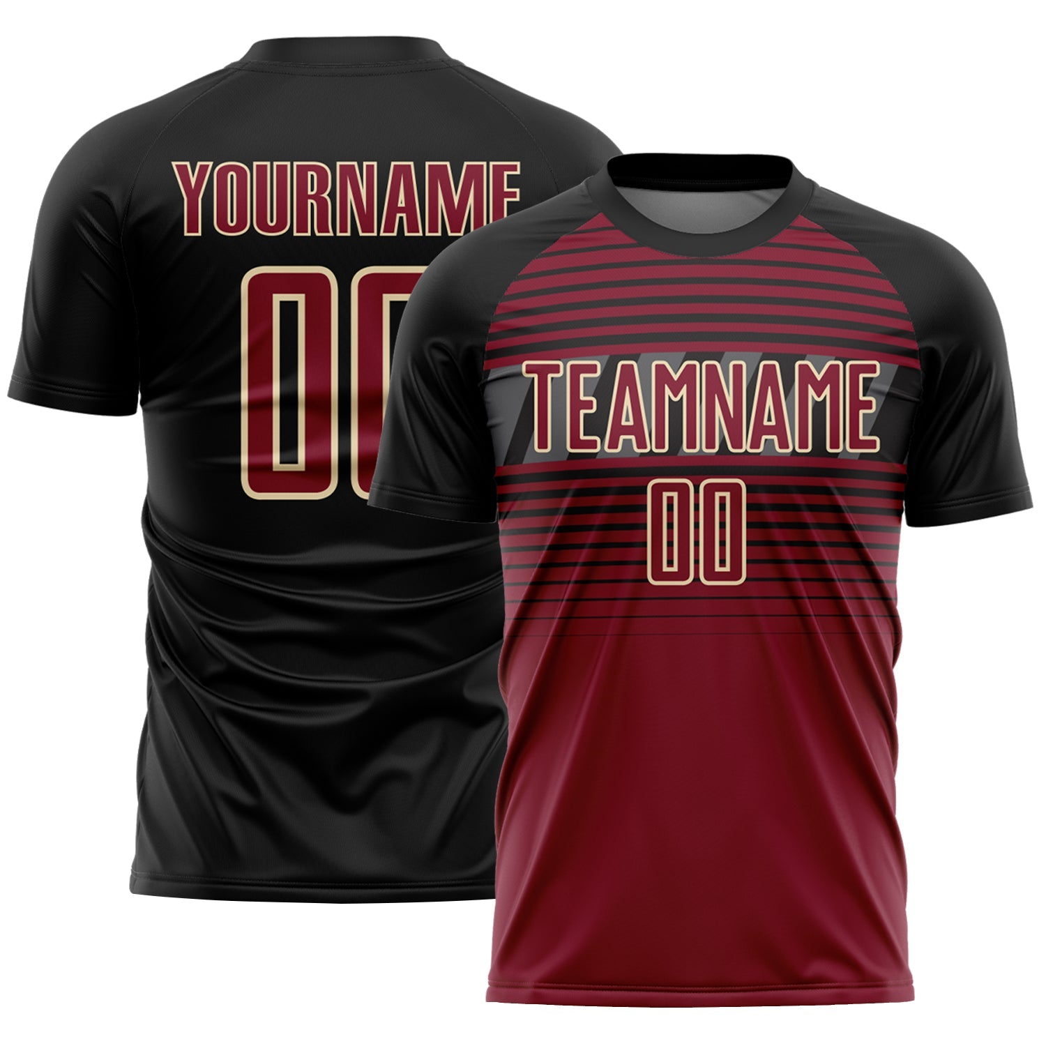 Custom Black Crimson Cream-Steel Gray Gradient Horizontal Stripes Sublimation Soccer Uniform Jersey - Main View