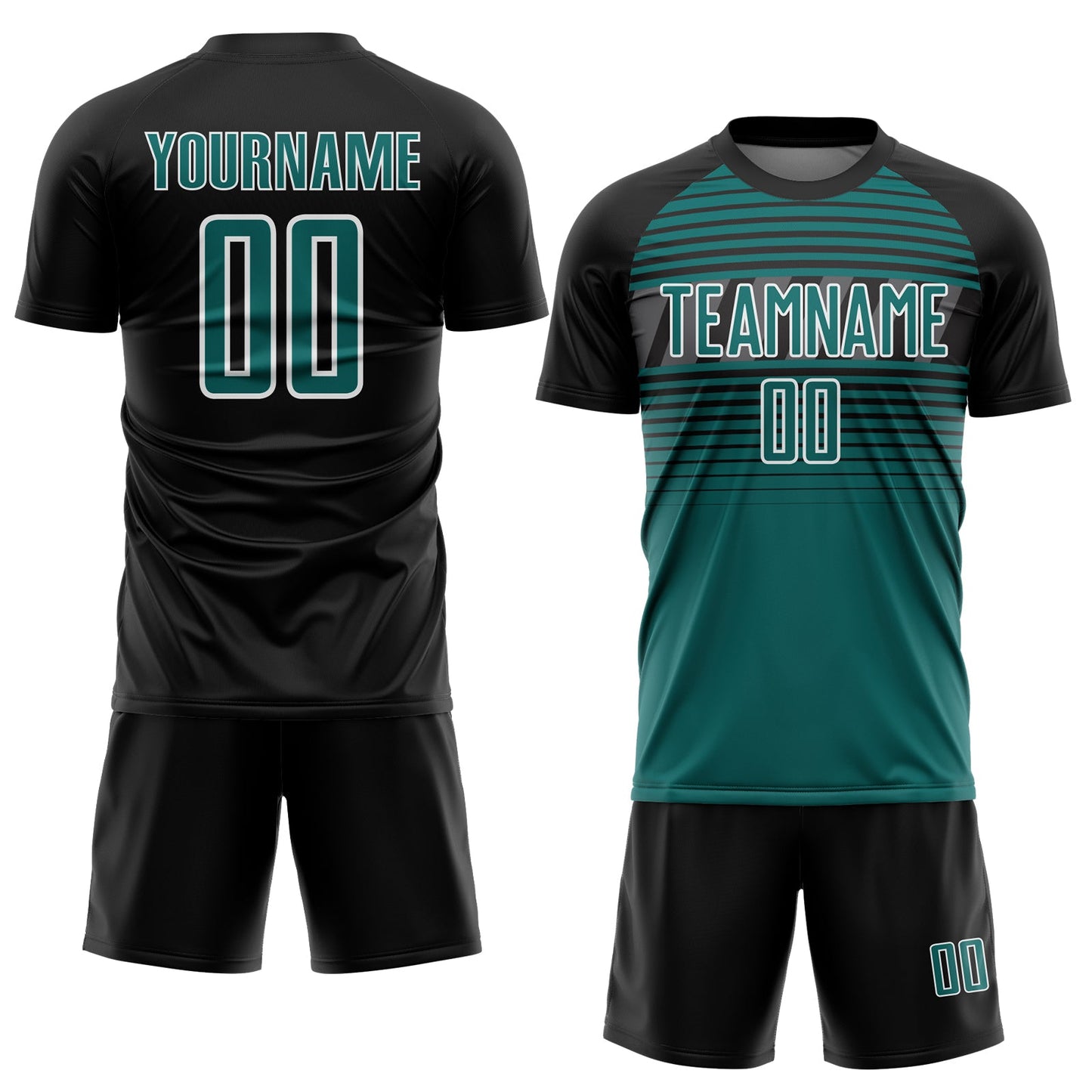 Custom Black Teal Steel Gray-White Gradient Horizontal Stripes Sublimation Soccer Uniform Jersey view 2