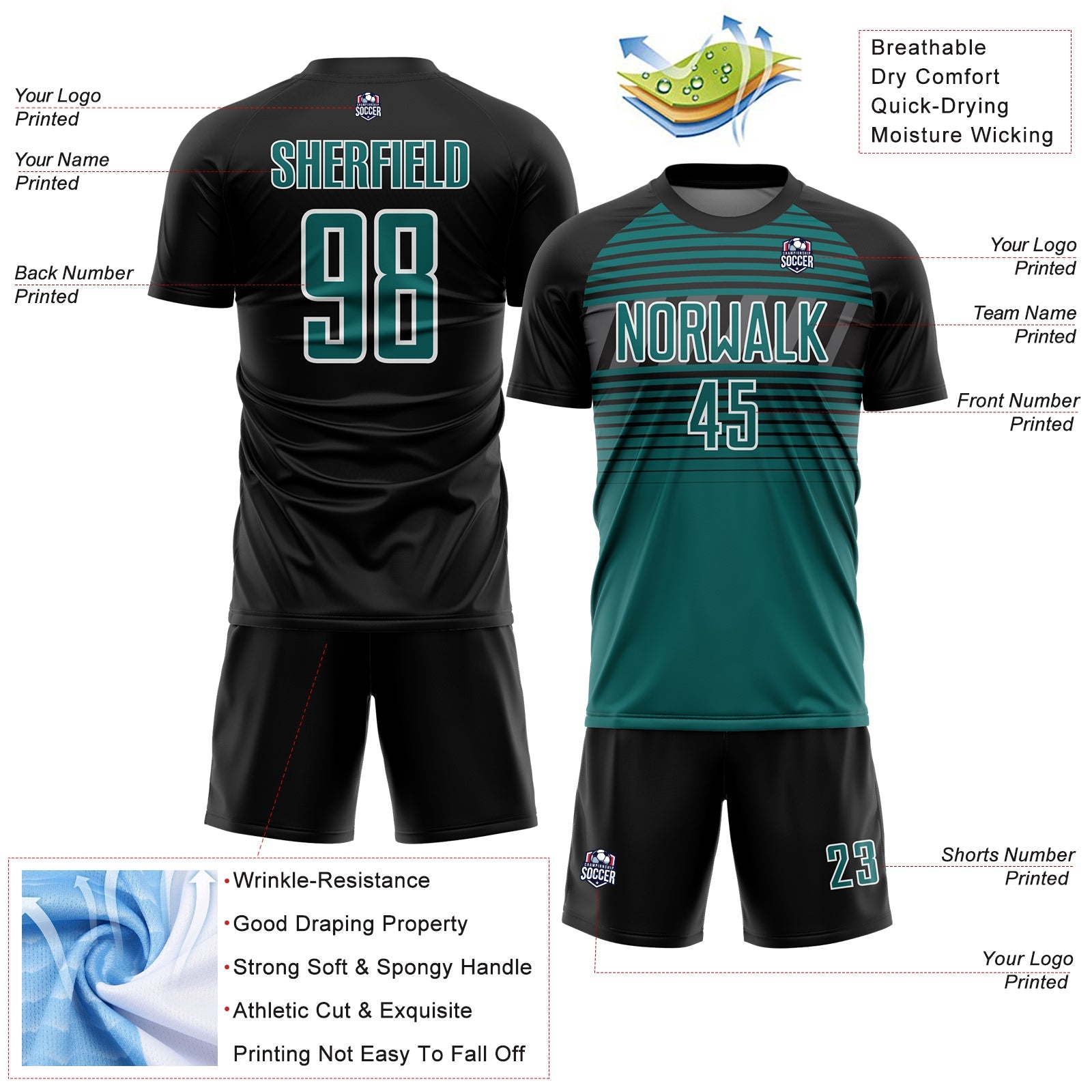 Custom Black Teal Steel Gray-White Gradient Horizontal Stripes Sublimation Soccer Uniform Jersey view 4