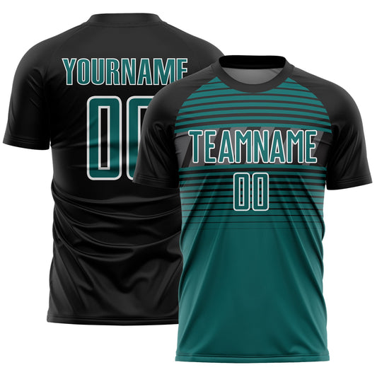 Custom Black Teal Steel Gray-White Gradient Horizontal Stripes Sublimation Soccer Uniform Jersey - Main View