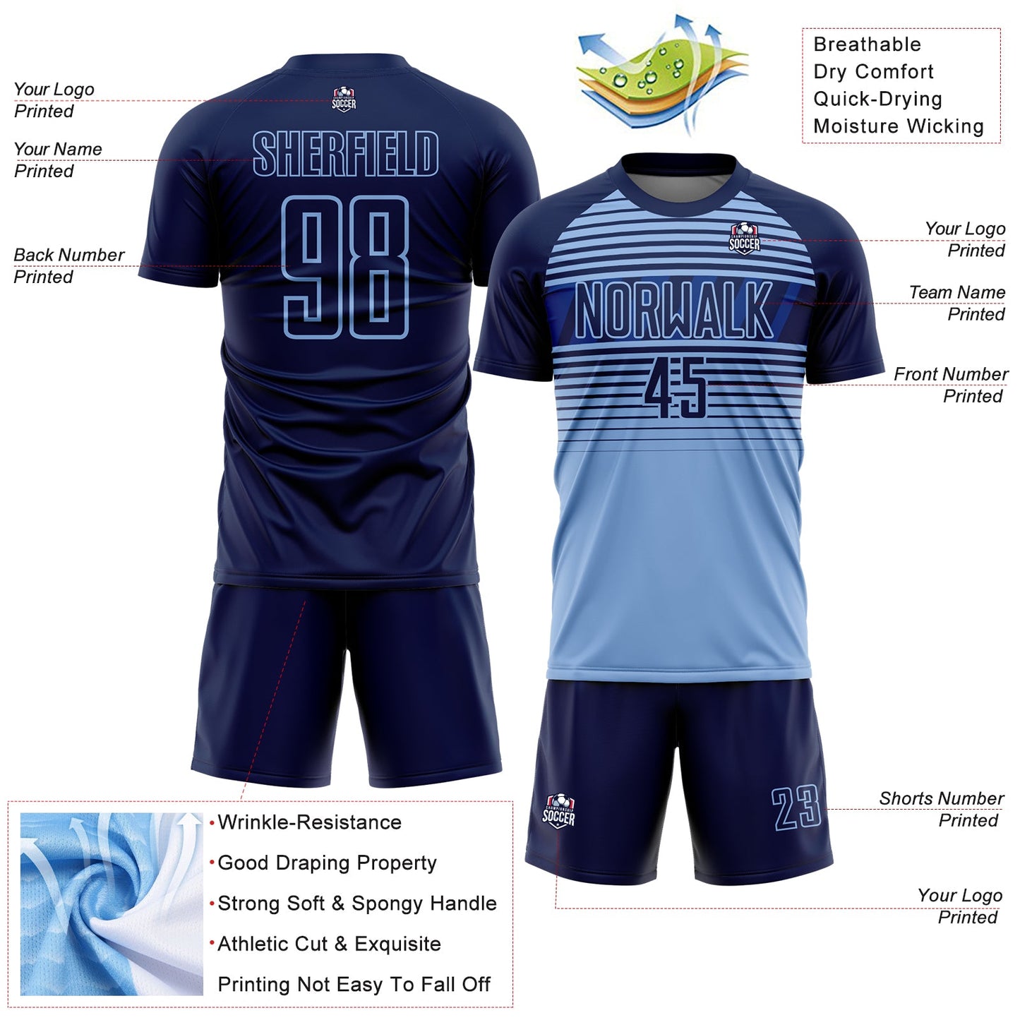 Custom Navy Light Blue-Royal Gradient Horizontal Stripes Sublimation Soccer Uniform Jersey view 4