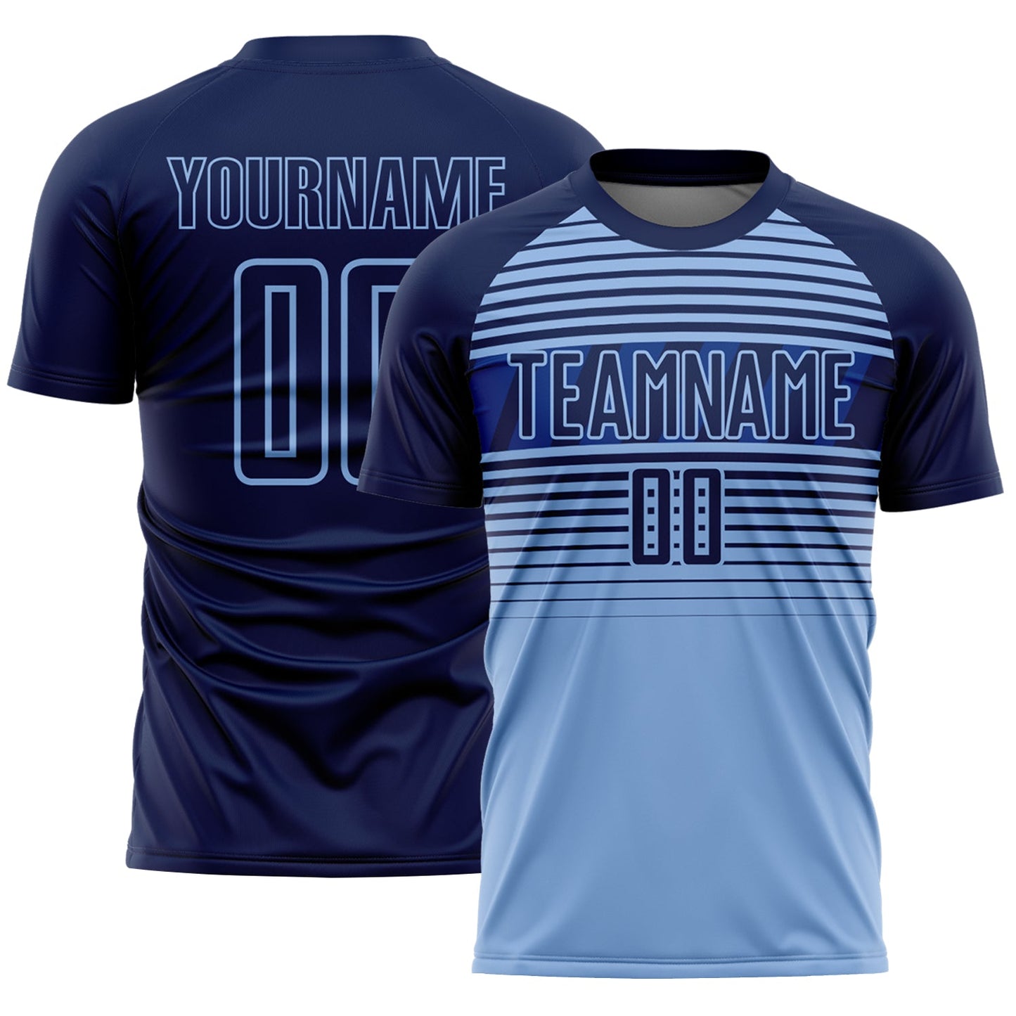 Custom Navy Light Blue-Royal Gradient Horizontal Stripes Sublimation Soccer Uniform Jersey - Main View