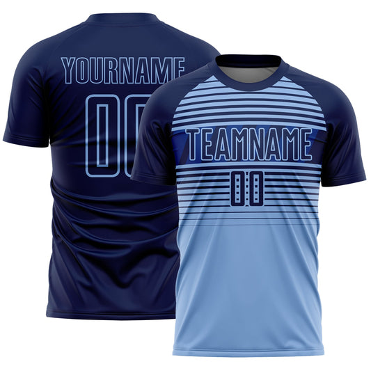 Custom Navy Light Blue-Royal Gradient Horizontal Stripes Sublimation Soccer Uniform Jersey - Main View