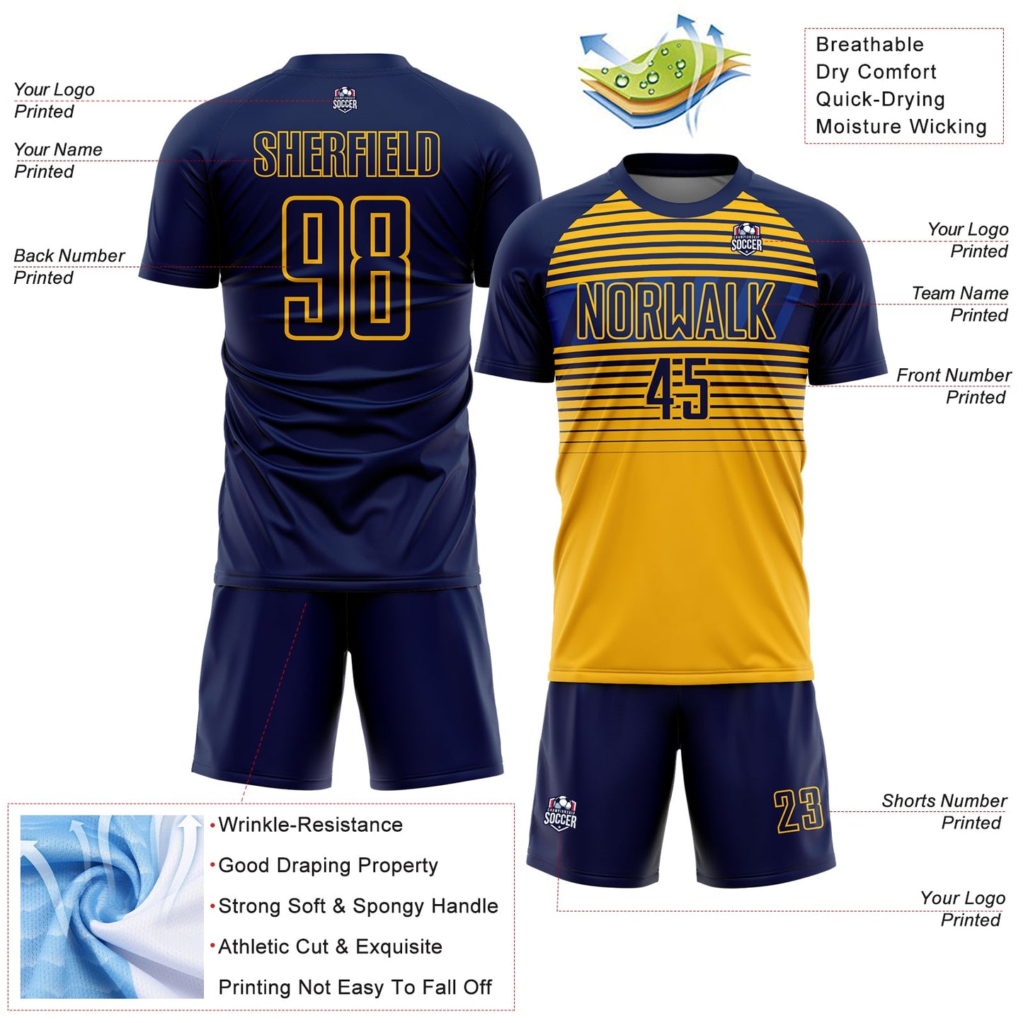 Custom Navy Gold-Royal Gradient Horizontal Stripes Sublimation Soccer Uniform Jersey view 4
