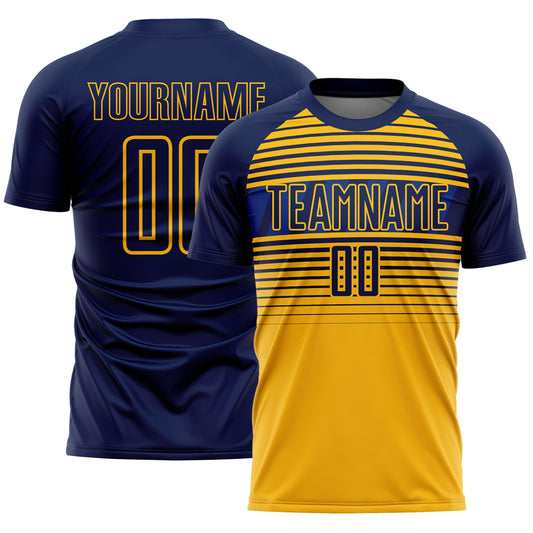 Custom Navy Gold-Royal Gradient Horizontal Stripes Sublimation Soccer Uniform Jersey - Main View