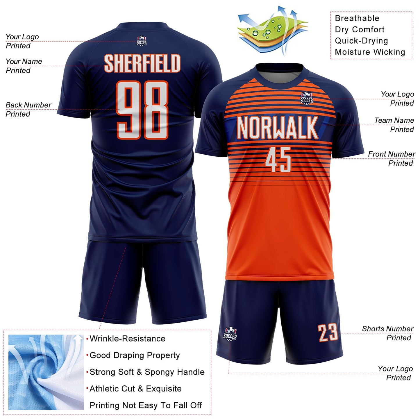 Custom Navy White Orange-Royal Gradient Horizontal Stripes Sublimation Soccer Uniform Jersey view 4