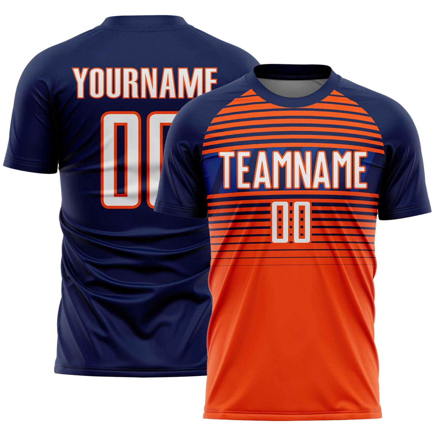 Custom Navy White Orange-Royal Gradient Horizontal Stripes Sublimation Soccer Uniform Jersey - Main View