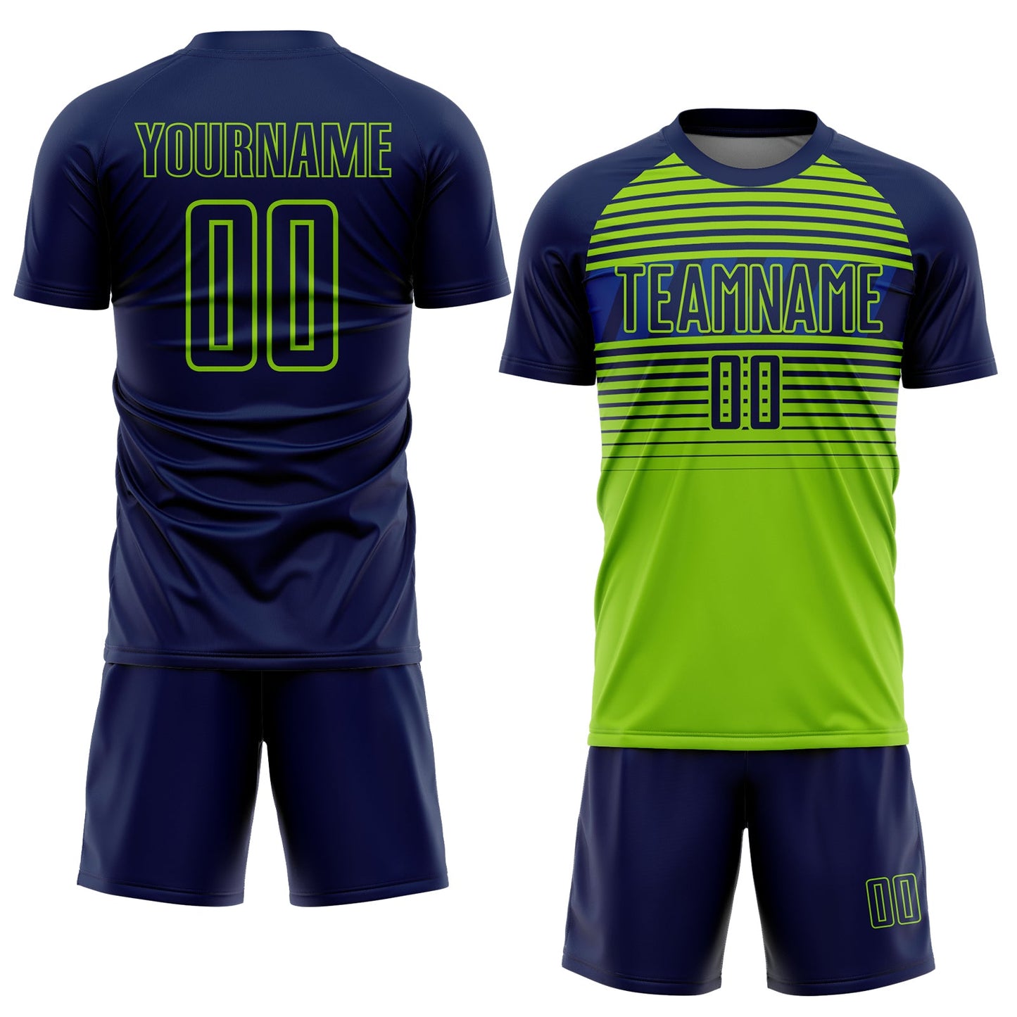 Custom Navy Neon Green-Royal Gradient Horizontal Stripes Sublimation Soccer Uniform Jersey view 2